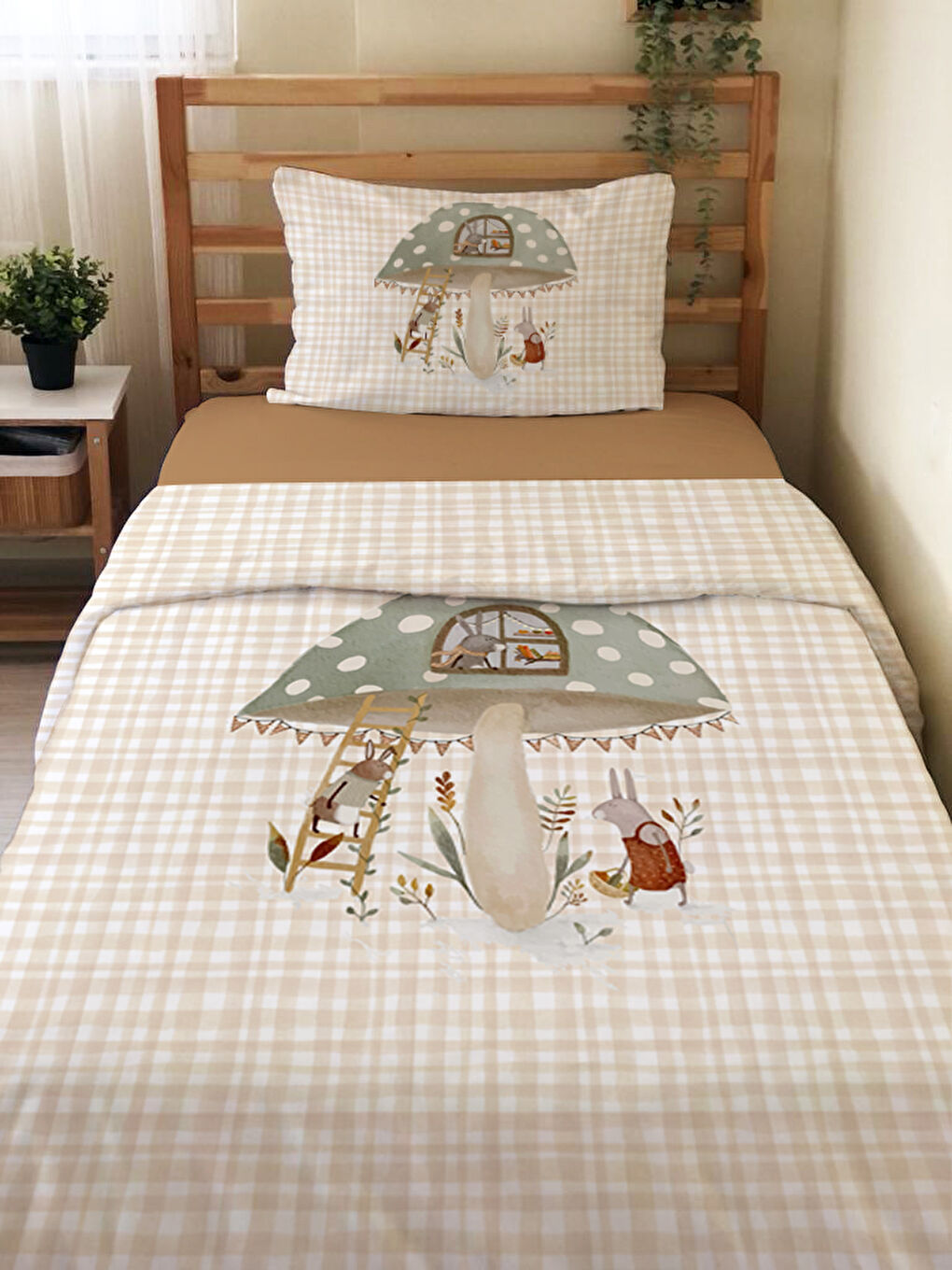 Karışık Mantar Desenli Çarşafsız 2'li Takım Baskılı Tek Kişilik Nevresim Takımı 160x220 cm-1