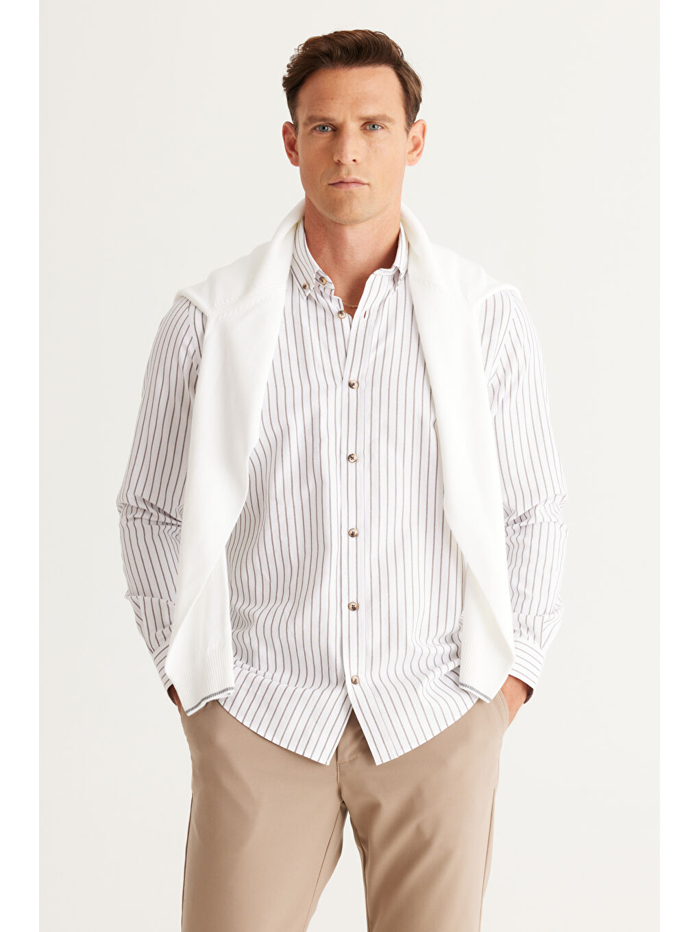 Erkek Beyaz Camel Slim Fit Dar Kesim Klasik Yaka Pamuklu Çizgili Gömlek-1