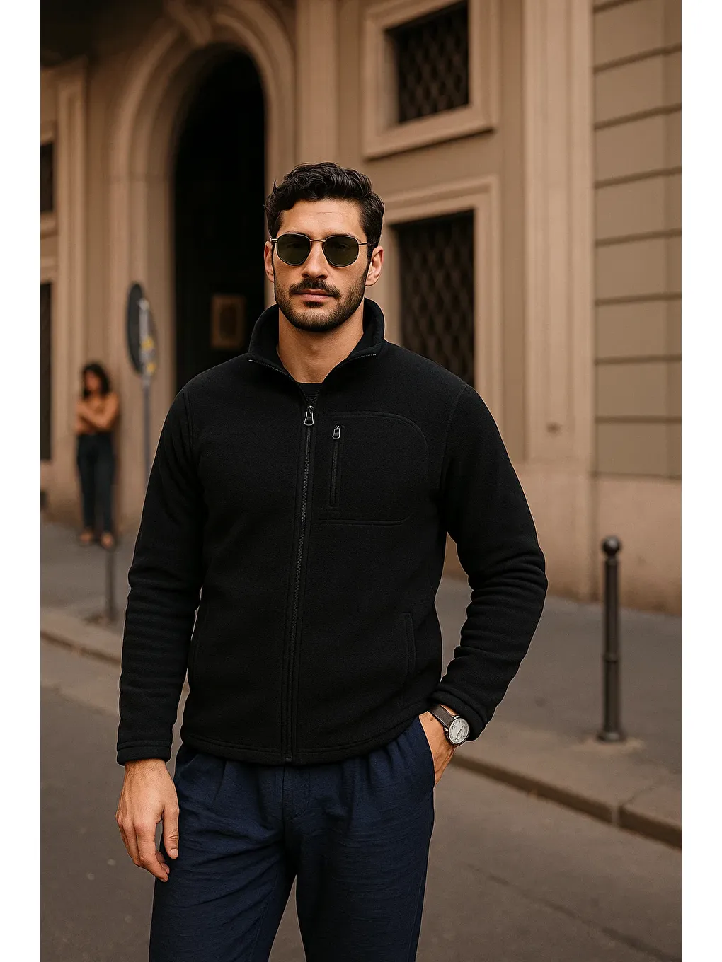 Erkek Kışlık Cepli Basic Fermuarlı Siyah Polar Ceket-1