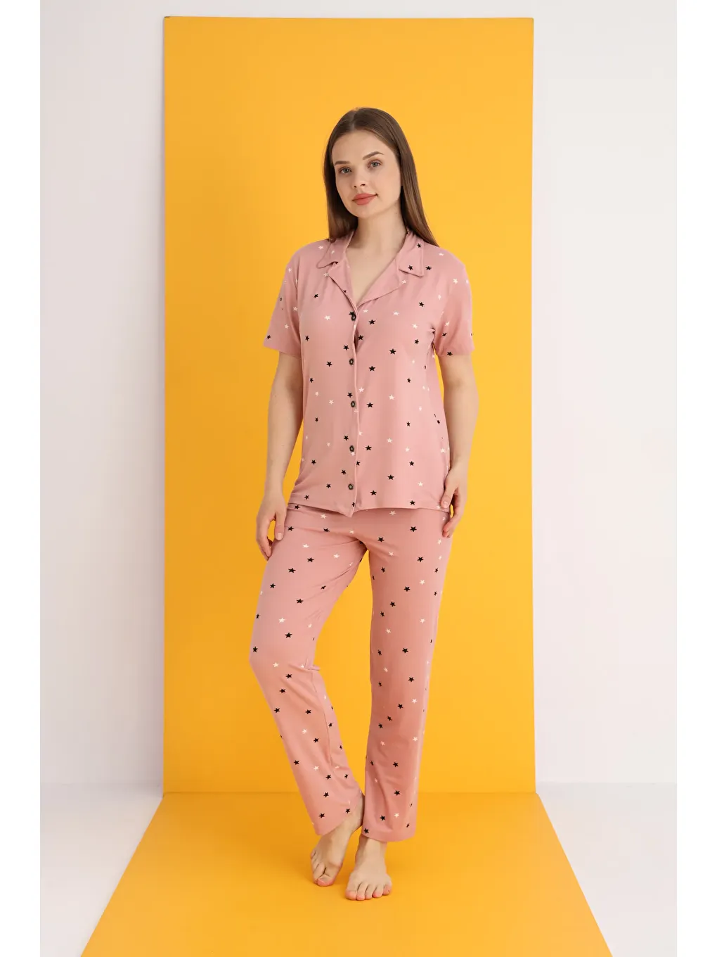 Pembe Bamboo Düğmeli Pijama Takımı 7054-25-1