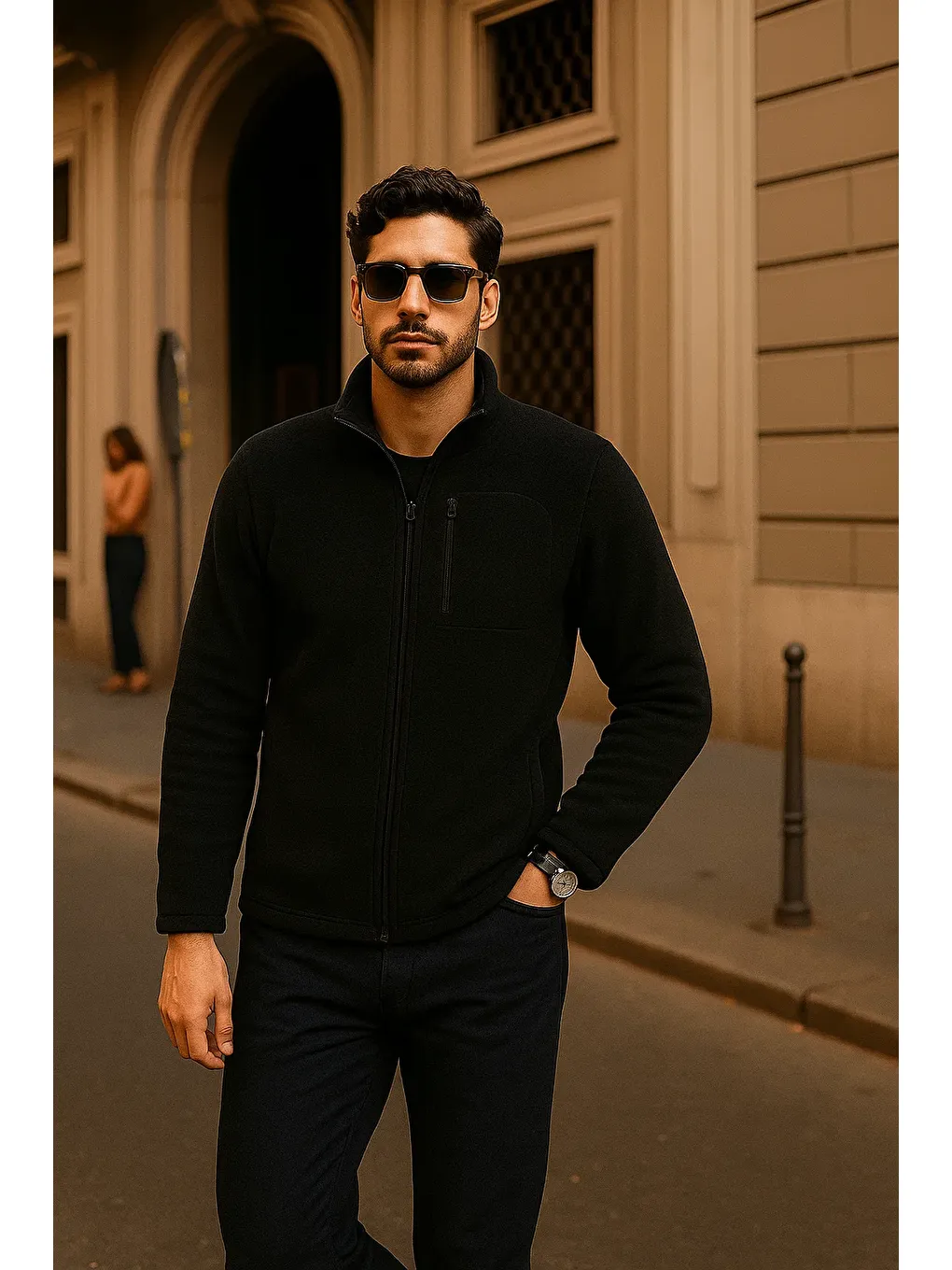 Erkek Kışlık Cepli Basic Fermuarlı Siyah Polar Ceket-2