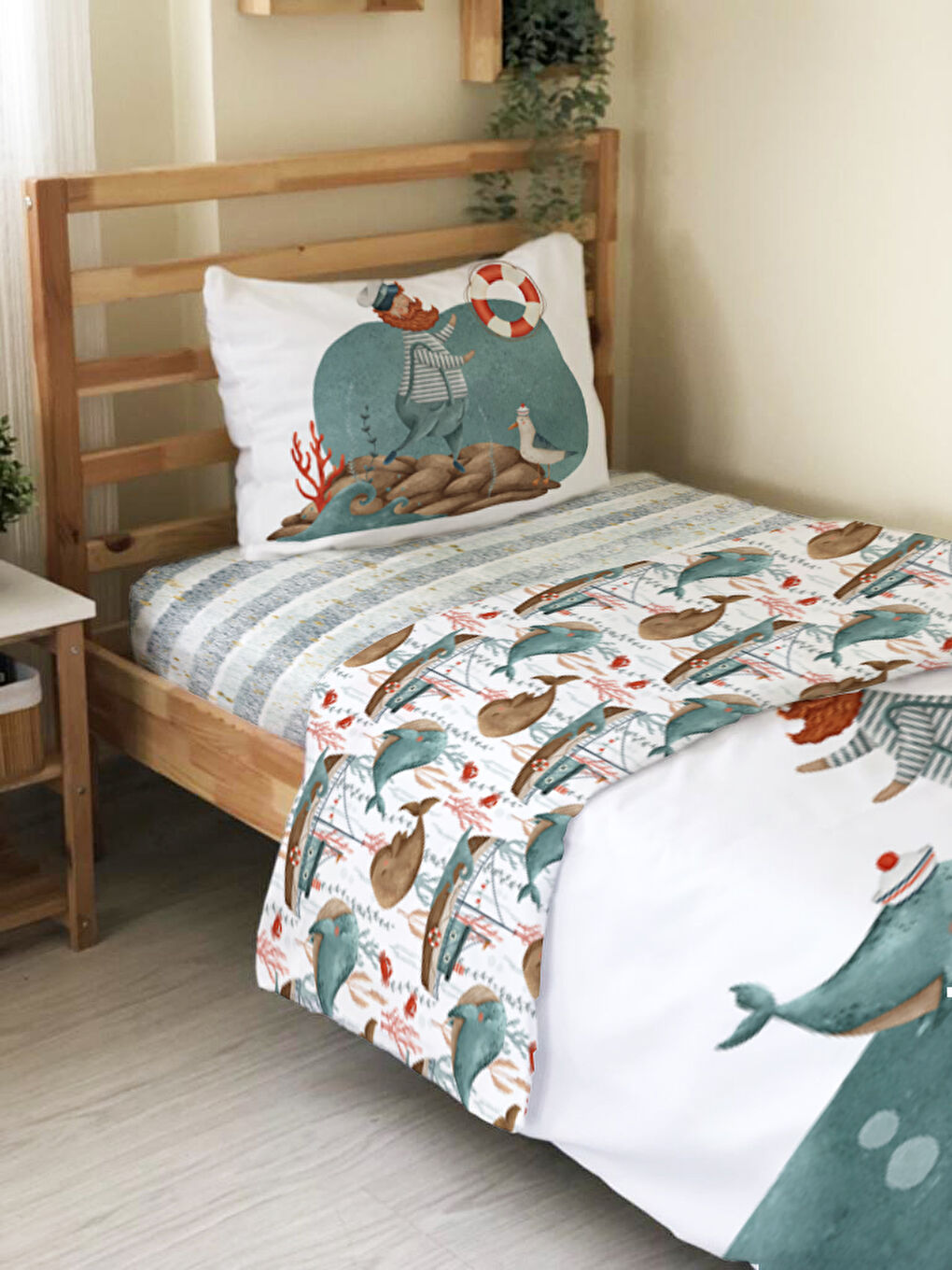 Karışık Balina Desenli Çarşafsız 2'li Takım Baskılı Tek Kişilik Nevresim Takımı 160x220 cm-2