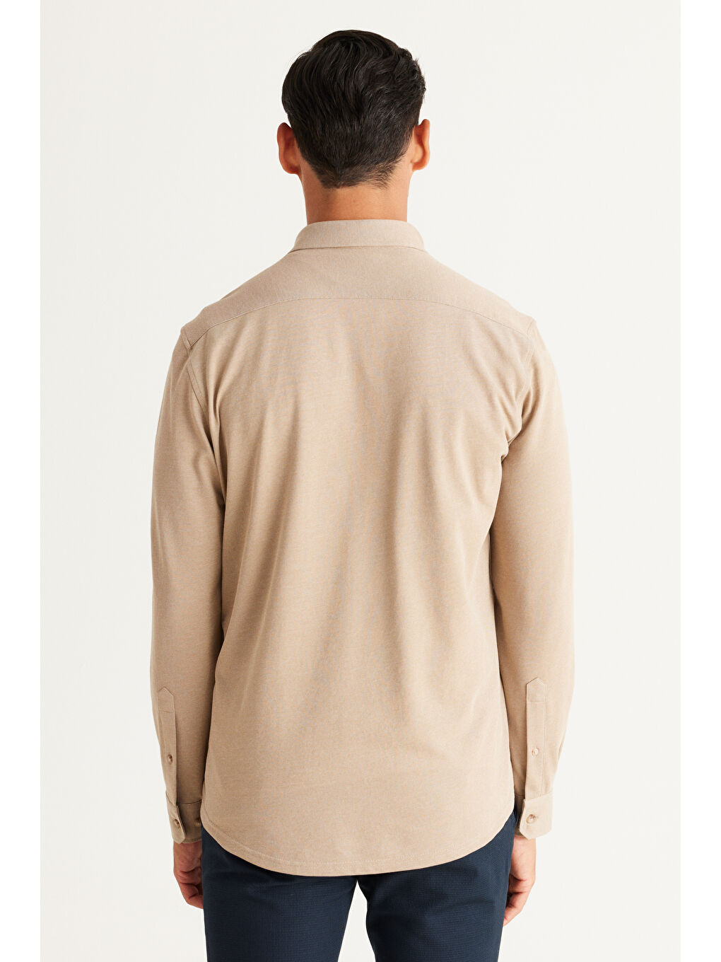 Bej Erkek Vizon Slim Fit Dar Kesim Düğmeli Yaka Pike Desenli Örme Gömlek-4