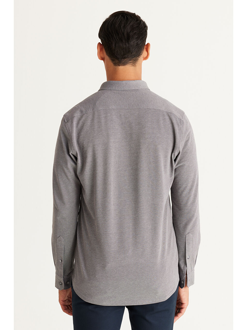 Erkek Gri Slim Fit Dar Kesim Düğmeli Yaka Pike Desenli Örme Gömlek-5