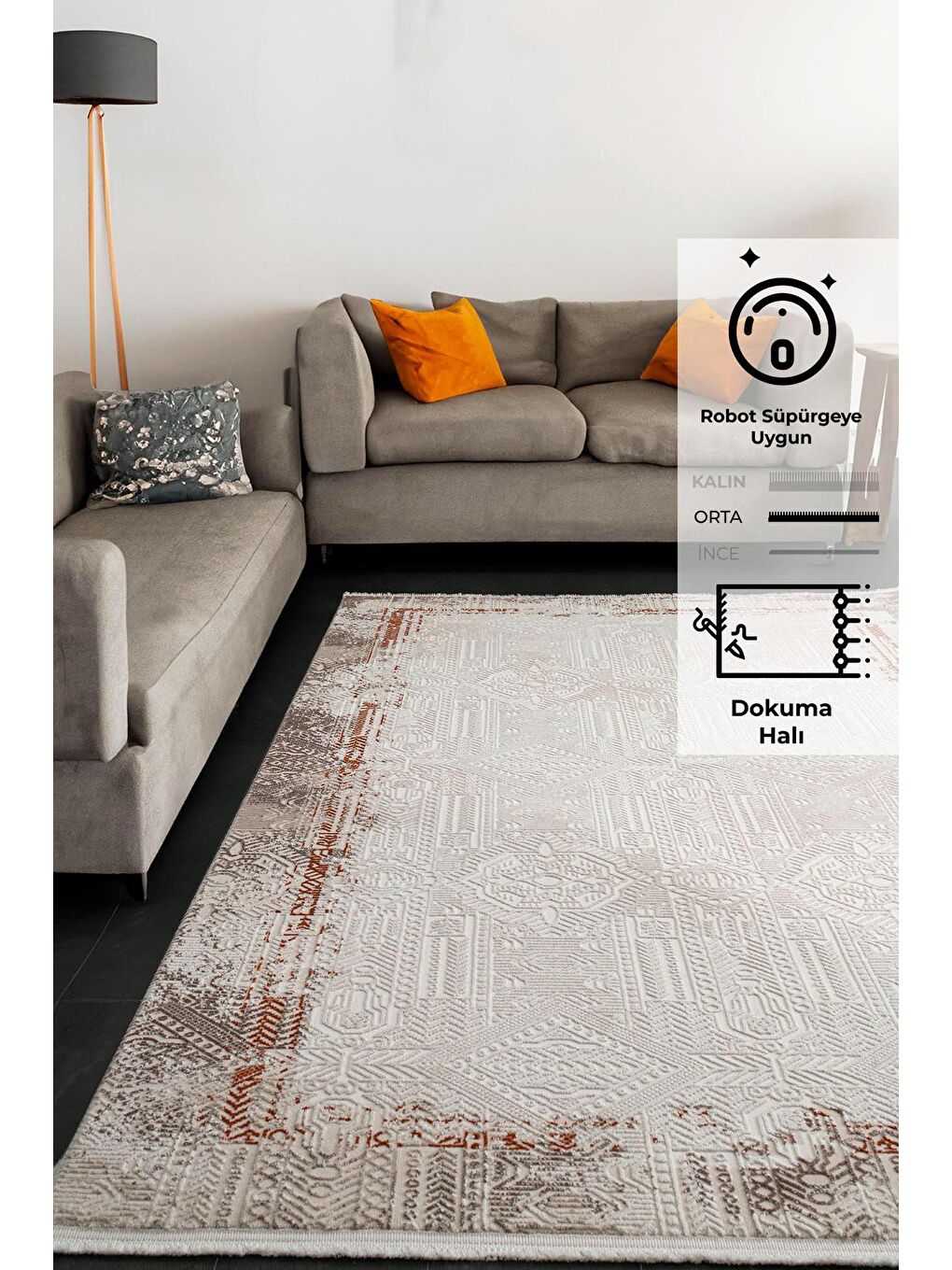 Ekru Elex 5205 Salon Mutfak Oturma Odası Halısı Modern Dokuma Halı-80x300