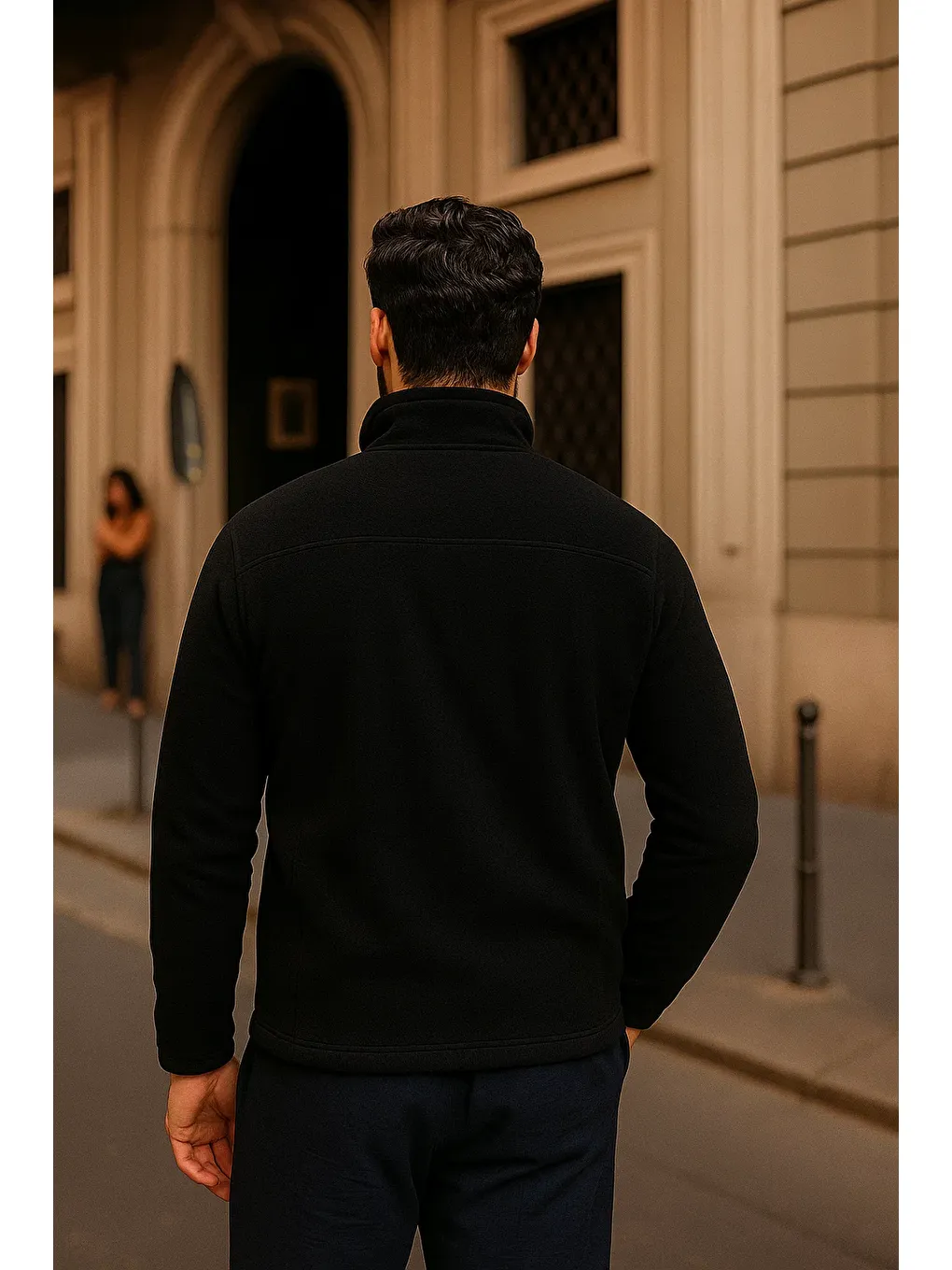 Erkek Kışlık Cepli Basic Fermuarlı Siyah Polar Ceket-4