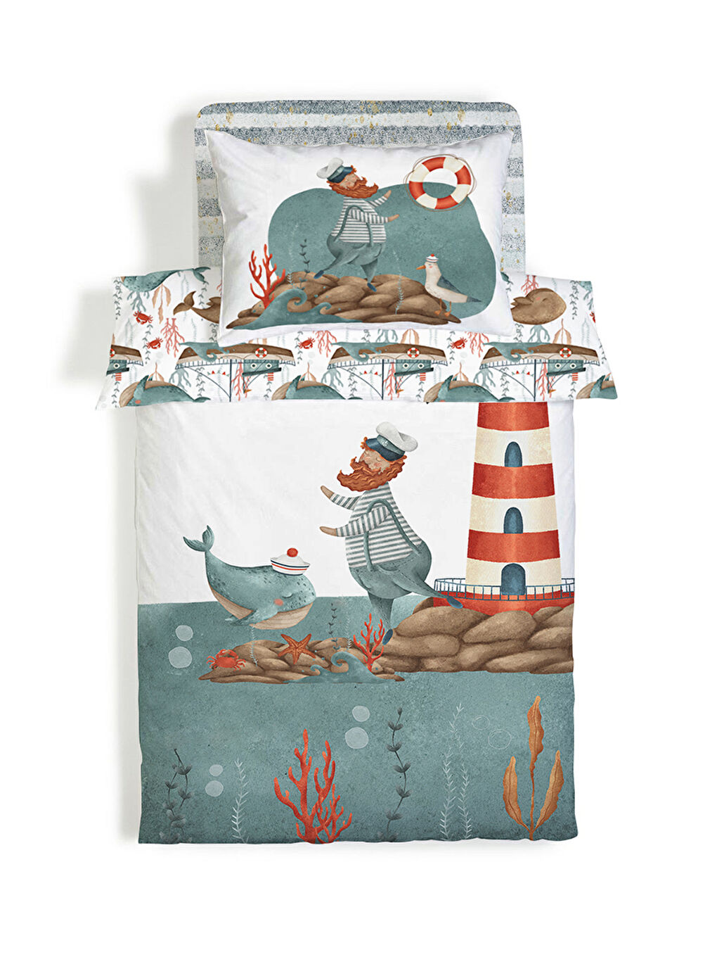 Karışık Balina Desenli Çarşafsız 2'li Takım Baskılı Tek Kişilik Nevresim Takımı 160x220 cm-3