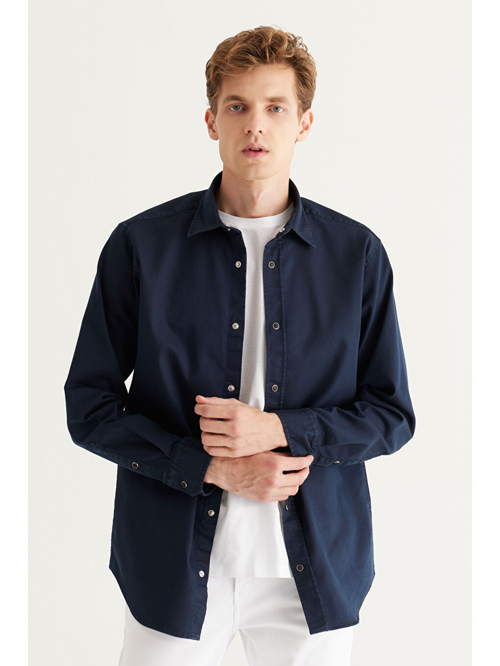 Erkek Lacivert Comfort Fit Rahat Kesim Pamuklu Diyagonal Desenli Gömlek-2