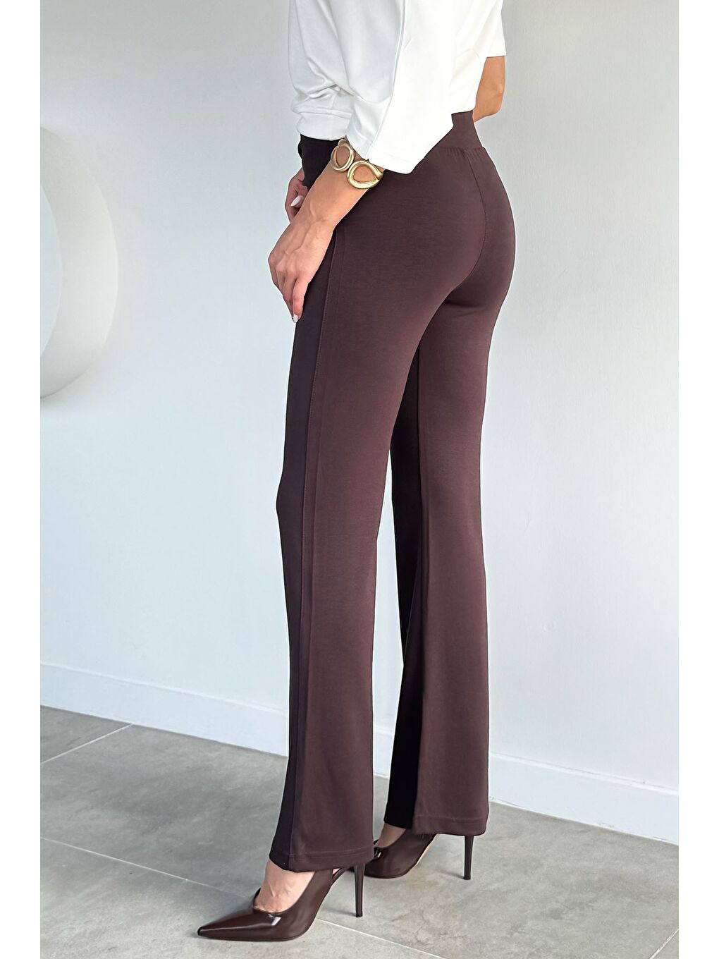 Kahverengi Kadın Modal Kumaş Ön Tokalı Pantolon-2