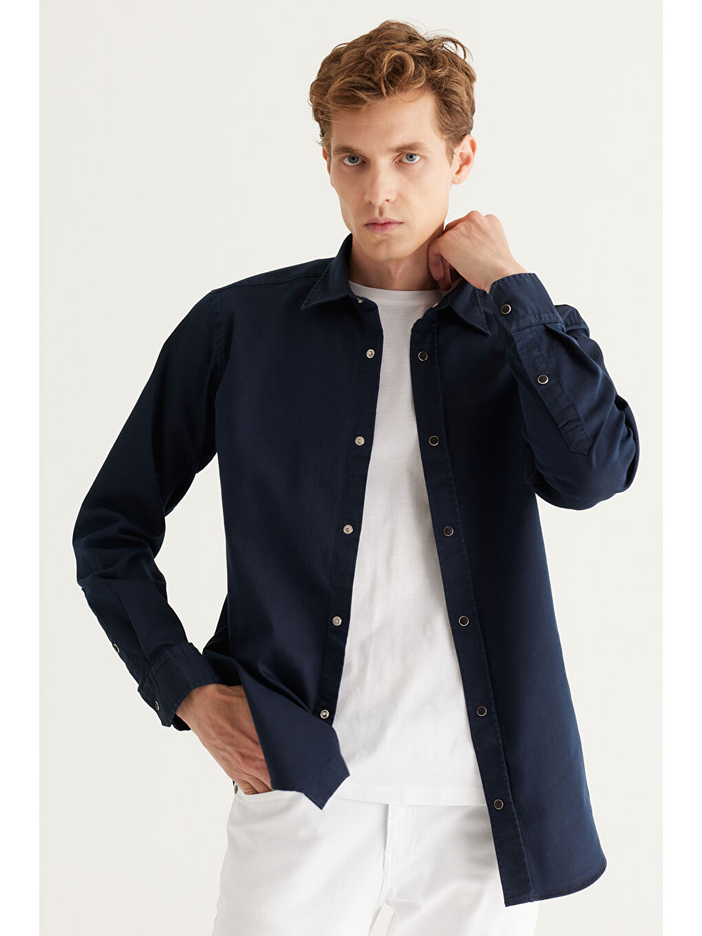 Erkek Lacivert Comfort Fit Rahat Kesim Pamuklu Diyagonal Desenli Gömlek-3