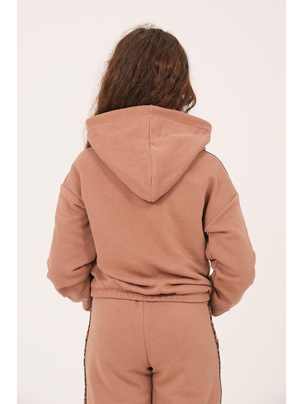 Bej Genç Kız Çocuk Kalp Baskılı Kapüşonlu Sweatshirt - Vizon-1