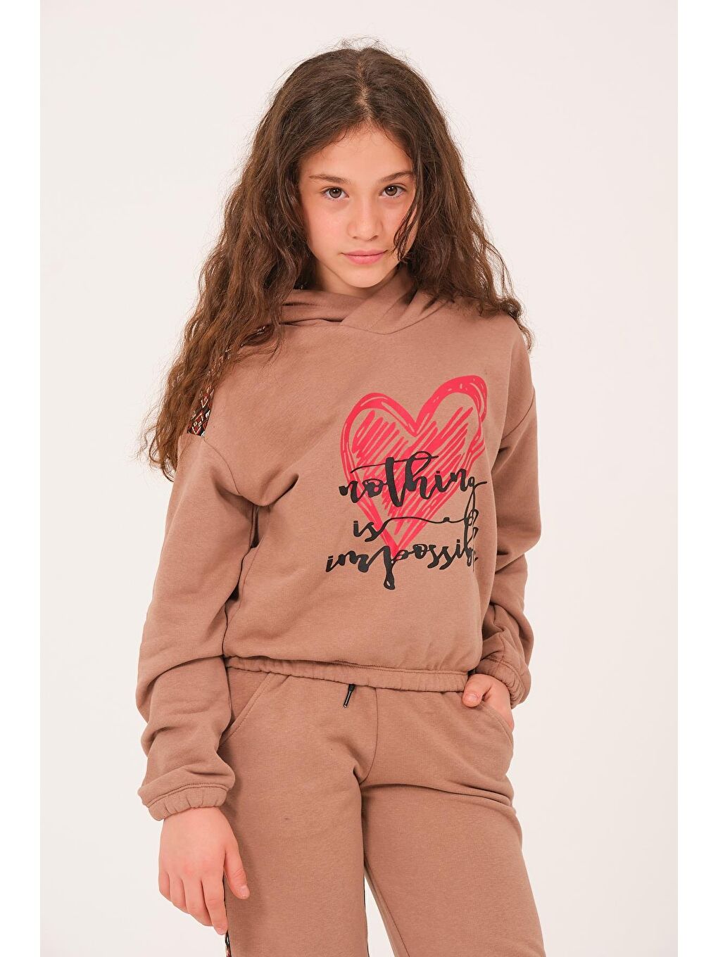 Bej Genç Kız Çocuk Kalp Baskılı Kapüşonlu Sweatshirt - Vizon-2