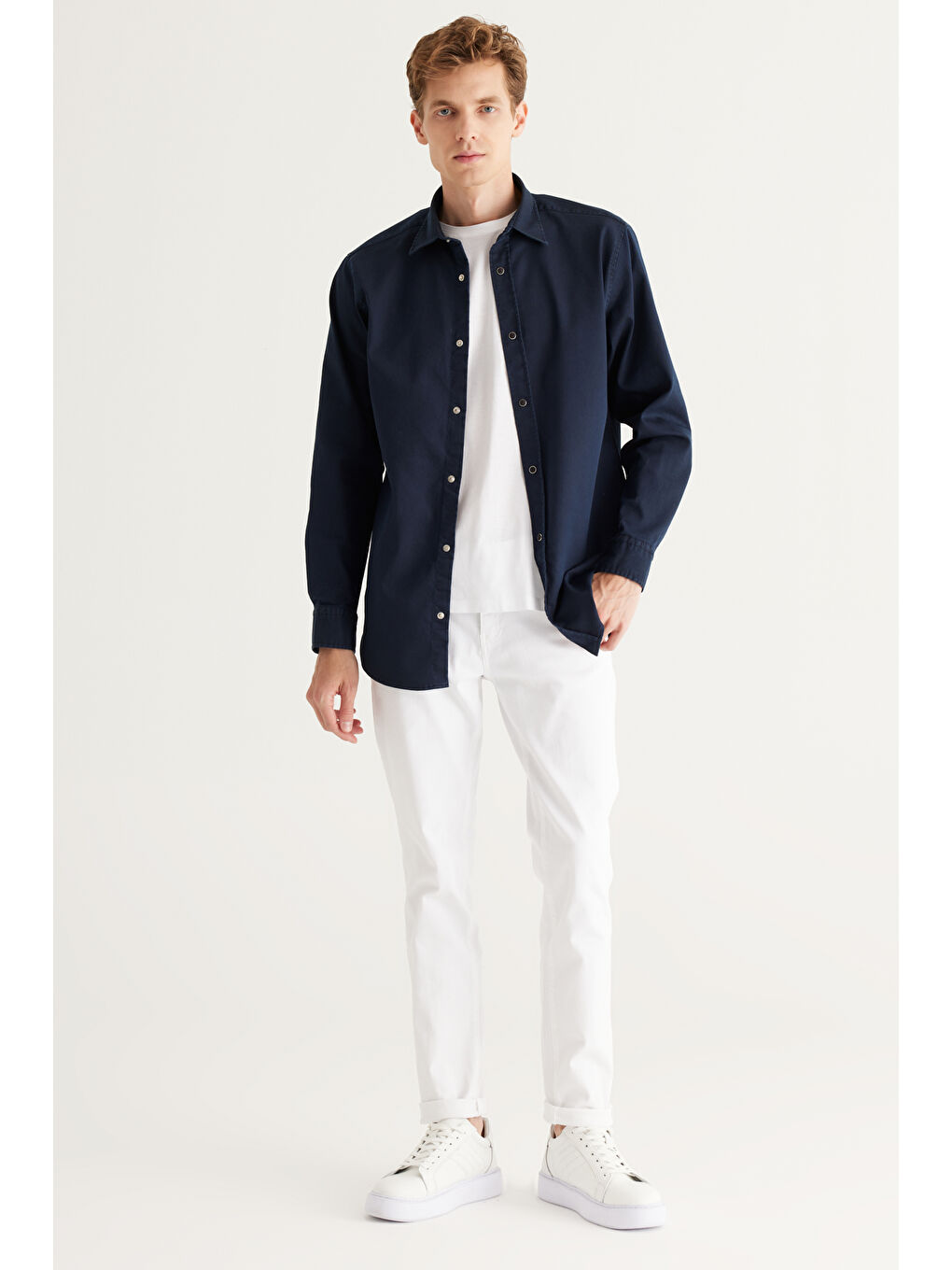 Erkek Lacivert Comfort Fit Rahat Kesim Pamuklu Diyagonal Desenli Gömlek-4