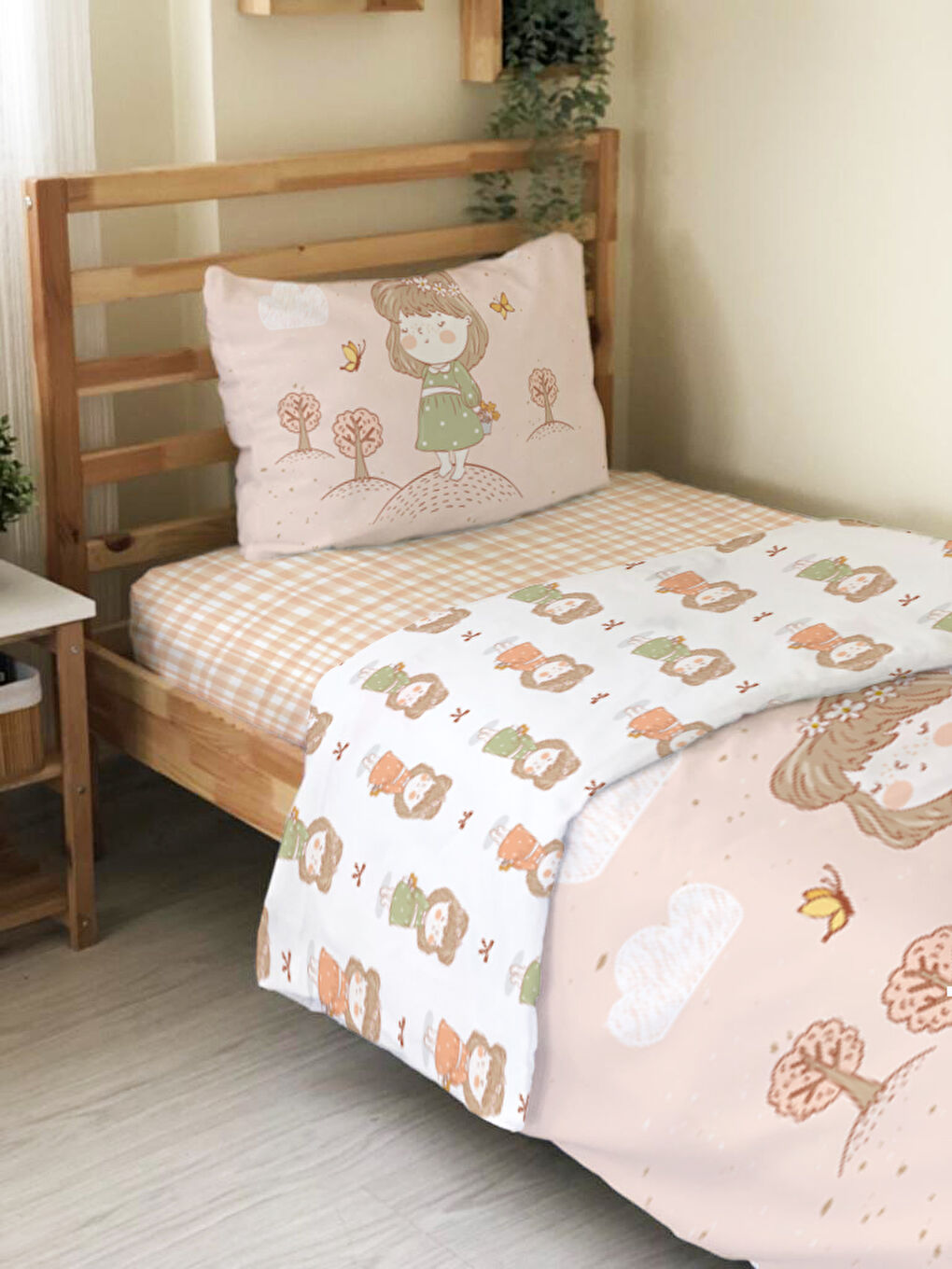 Karışık Kız Desenli Çarşafsız 2'li Takım Baskılı Tek Kişilik Nevresim Takımı 160x220 cm-2