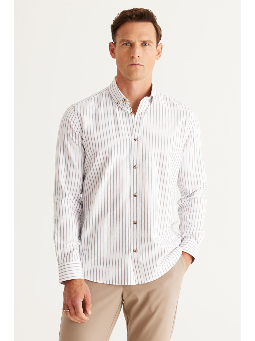 Erkek Beyaz Camel Slim Fit Dar Kesim Klasik Yaka Pamuklu Çizgili Gömlek-2