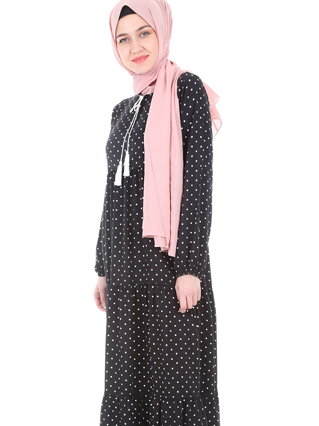 1627 Yaka Bağcıklı Tesettür Elbise - F. Siyah