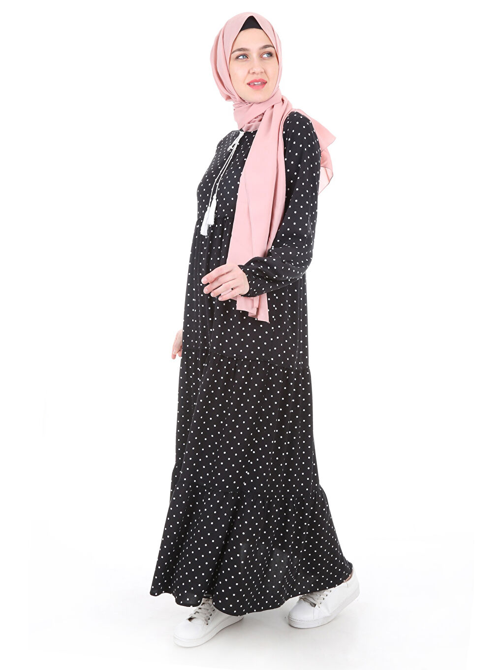 1627 Yaka Bağcıklı Tesettür Elbise - F. Siyah-2