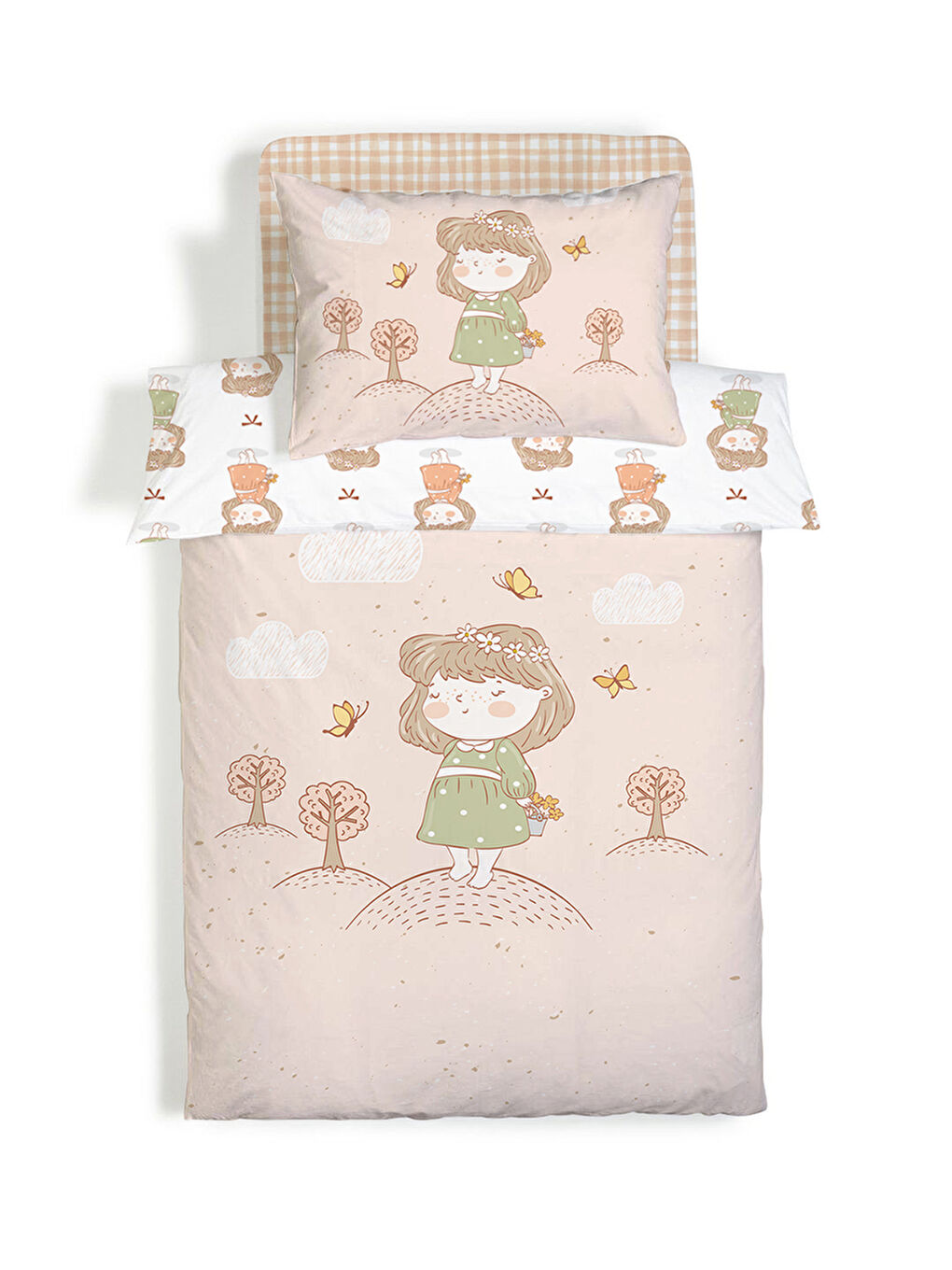 Karışık Kız Desenli Çarşafsız 2'li Takım Baskılı Tek Kişilik Nevresim Takımı 160x220 cm-3