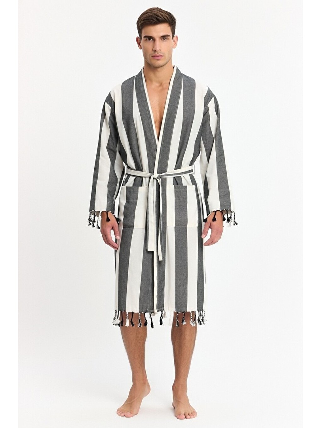 Siyah Erkek Striped Peştemal Bornoz %100 Pamuk Plaj Bornoz