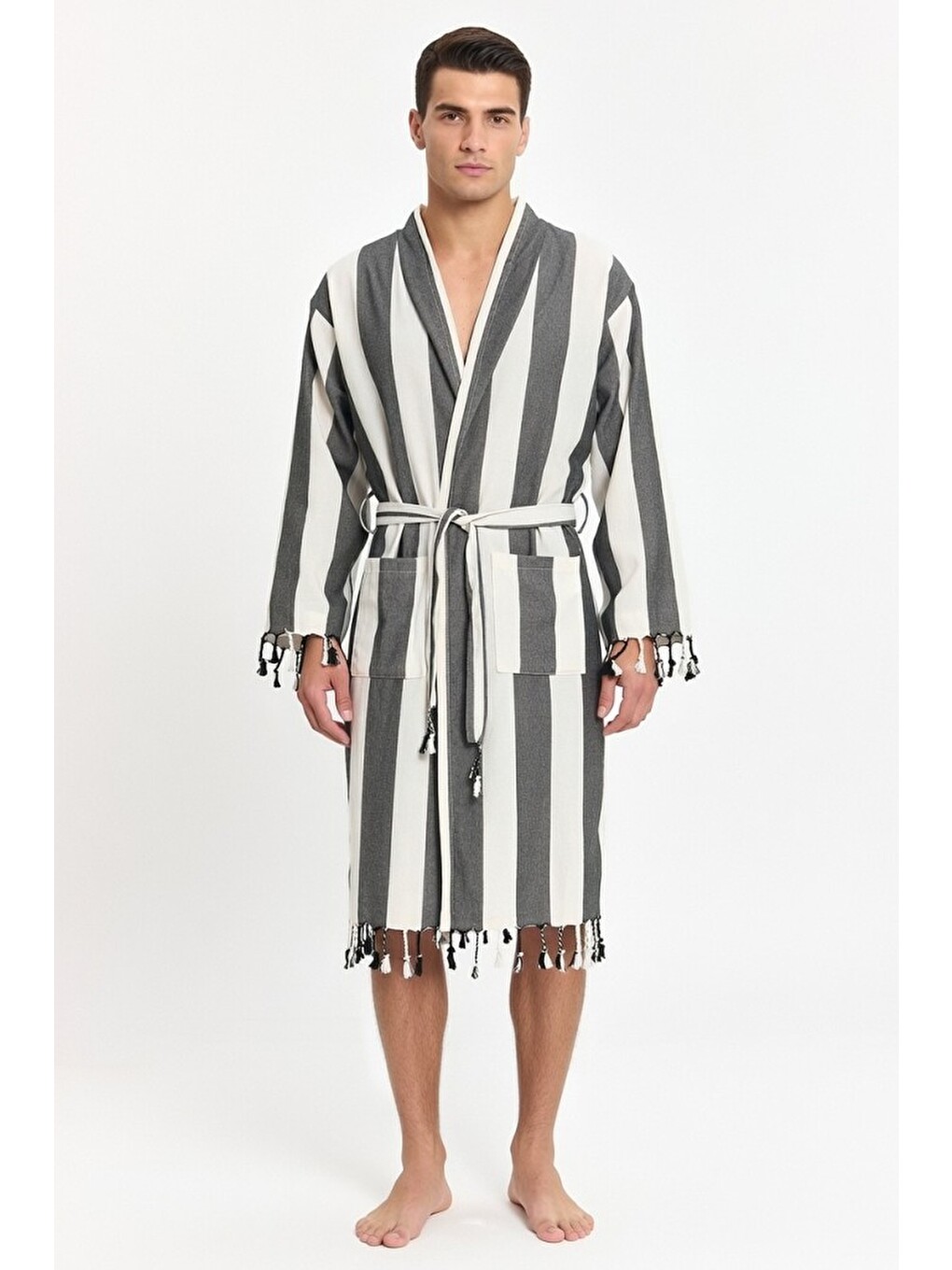 Siyah Erkek Striped Peştemal Bornoz %100 Pamuk Plaj Bornoz-2