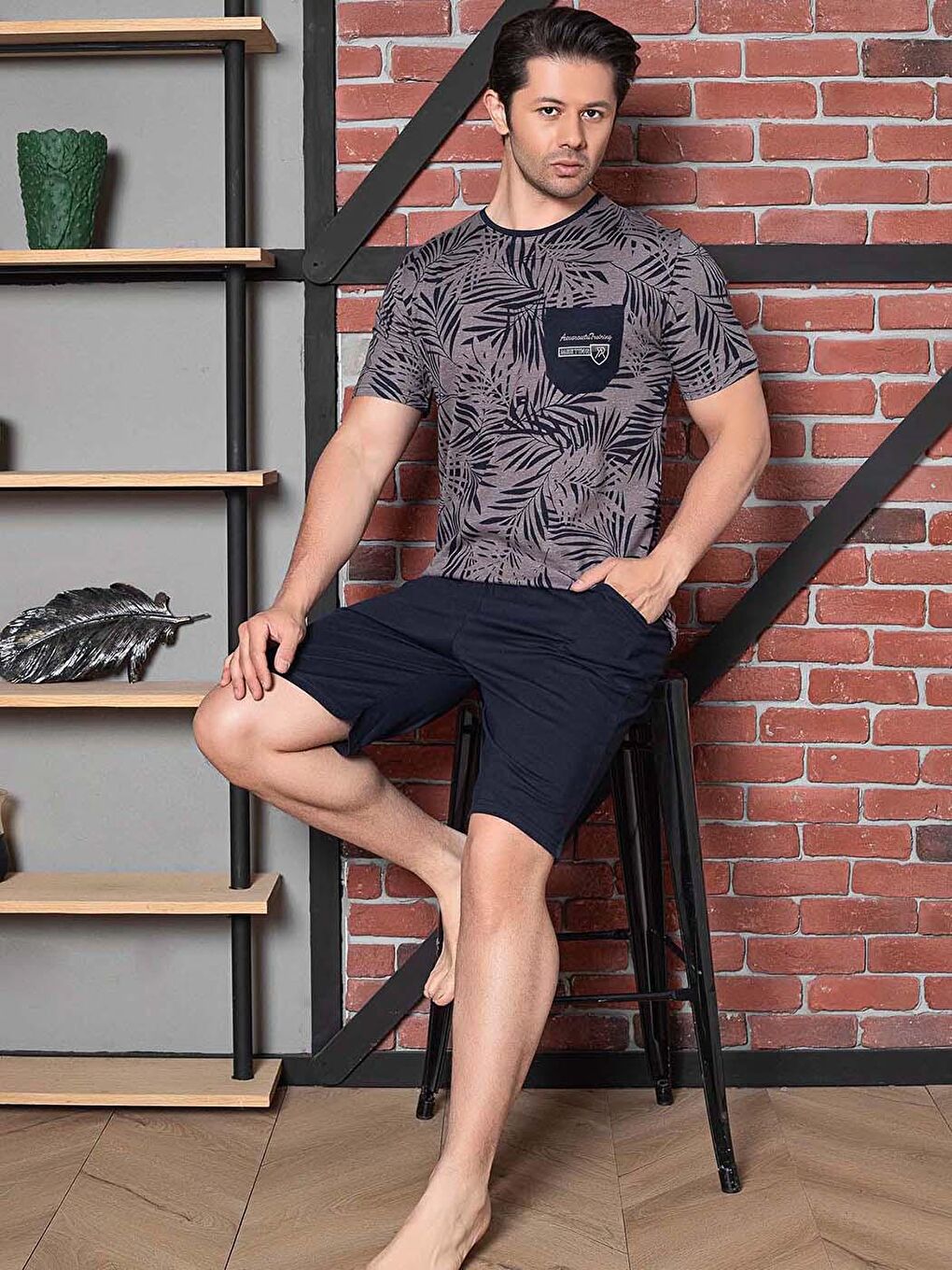 Gri Erkek Pijama Takımı Süprem Kısa Kol Şortlu Bisiklet Yaka Pamuklu-1