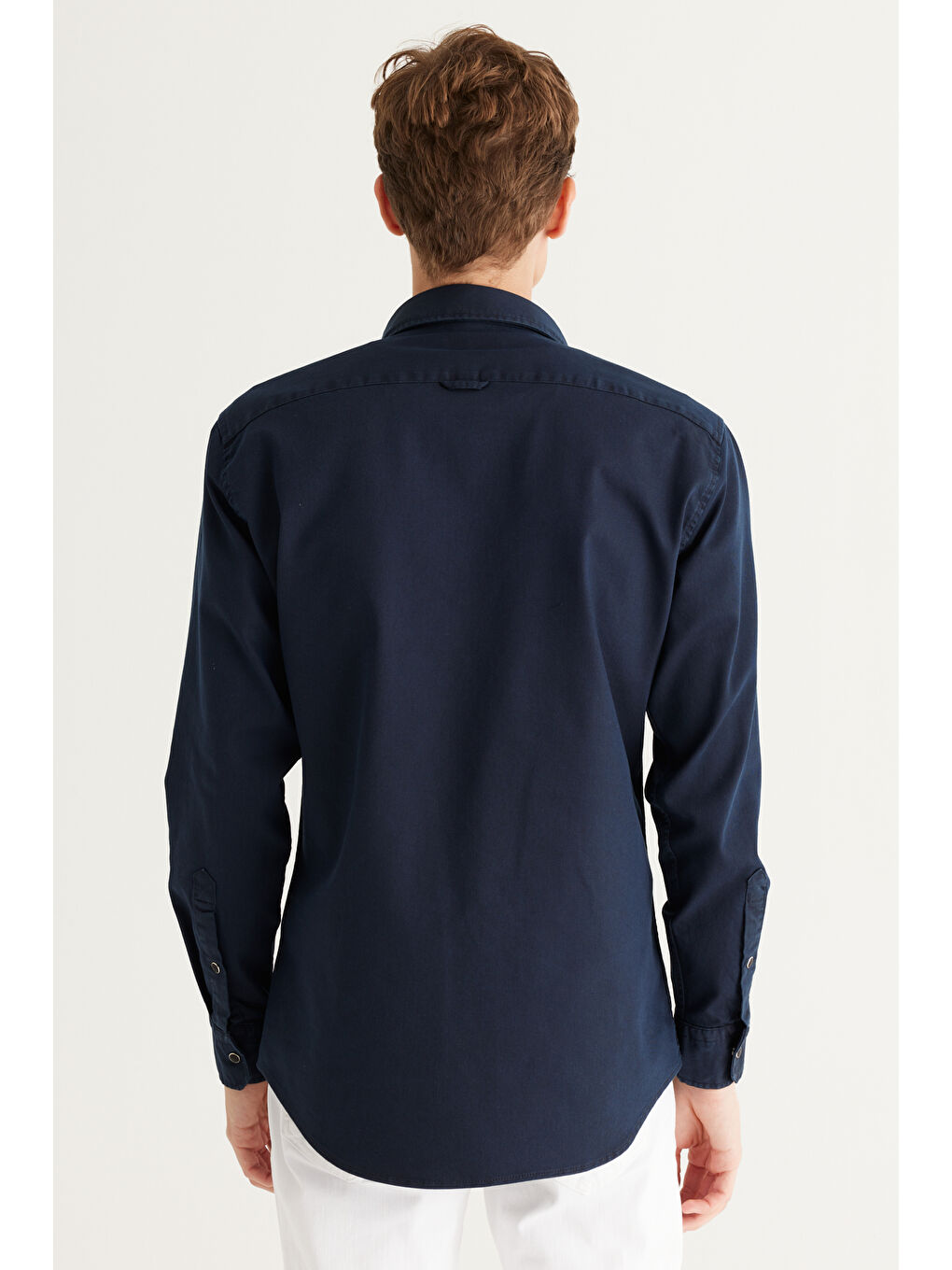 Erkek Lacivert Comfort Fit Rahat Kesim Pamuklu Diyagonal Desenli Gömlek-5