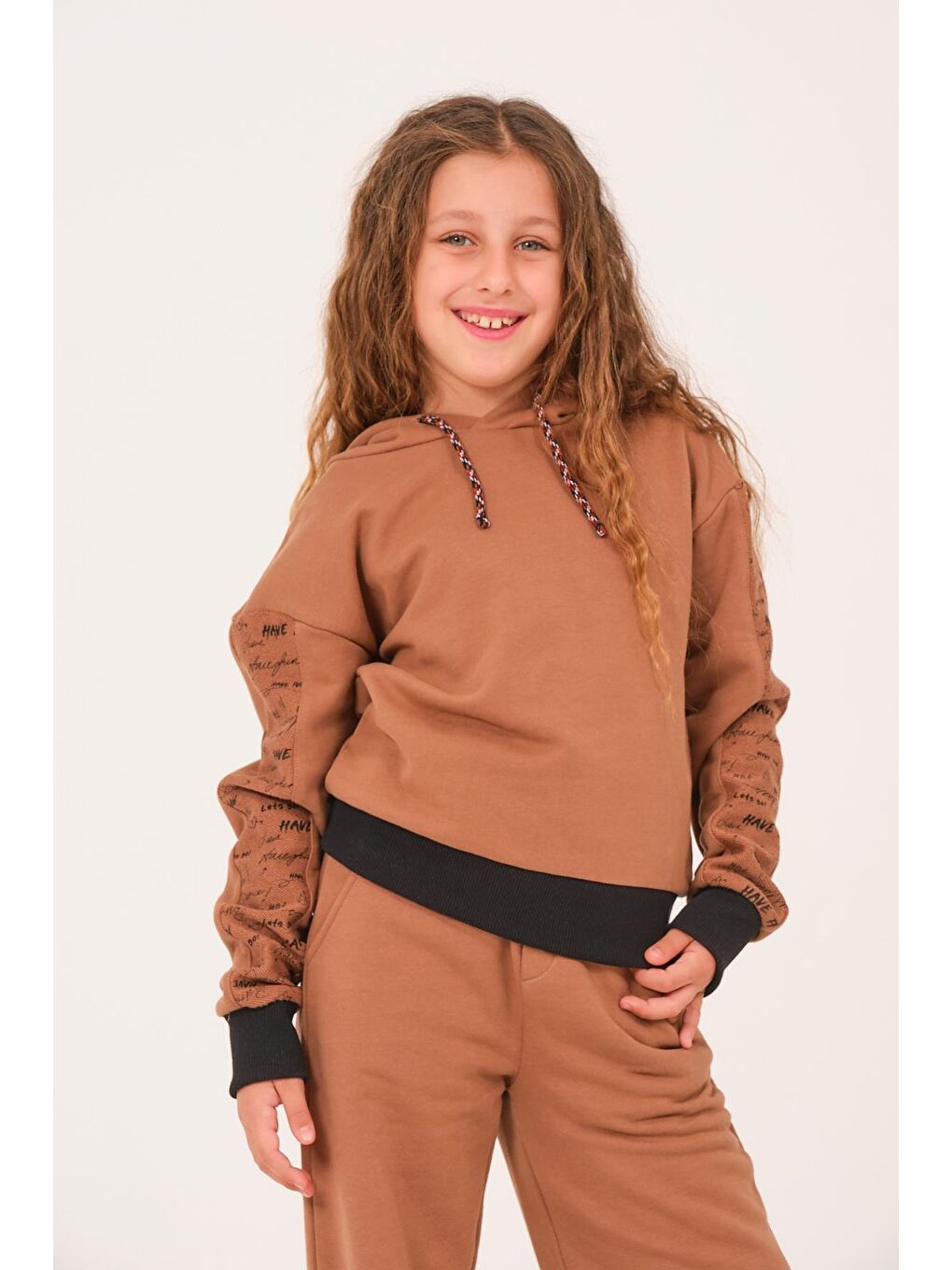 Bej Genç Kız Çocuk Yazı Baskılı Kapüşonlu Sweatshirt - K Vizon