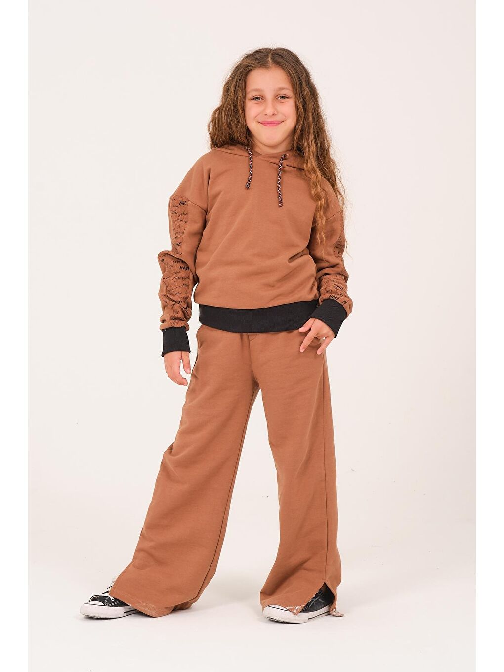 Bej Genç Kız Çocuk Yazı Baskılı Kapüşonlu Sweatshirt - K Vizon-1