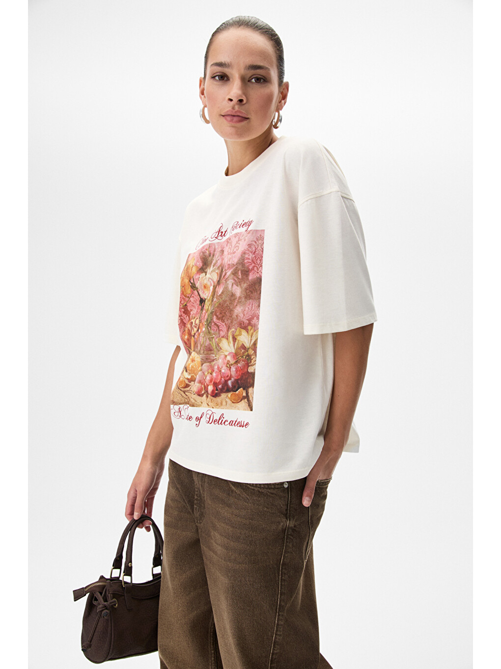 Olende Kadın Relaxed Fit Baskılı Yuvarlak Yakalı Ekru T-shirt-1