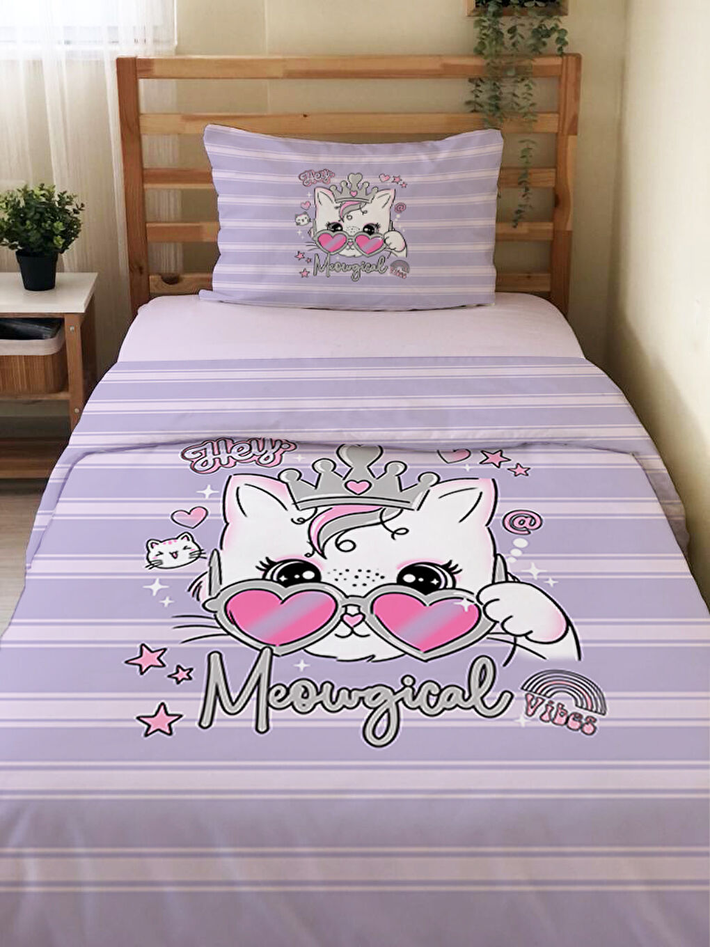 Karışık Kedi Desenli Çarşafsız 2'li Takım Baskılı Tek Kişilik Nevresim Takımı 160x220 cm-1