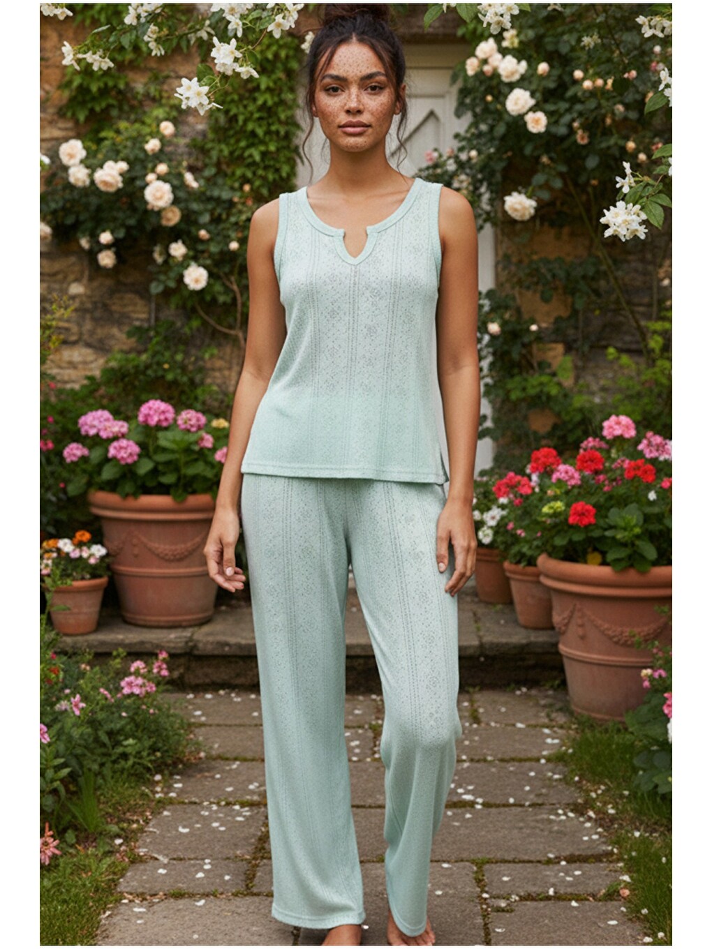 Yeşil Pointel Ajurlu/delikli Kolsuz Örme Pijama Takım26120566-1