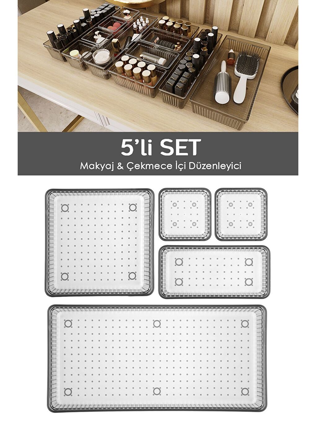 5'li Çekmece İçi Organizer Kozmetik Takı Makyaj Organizeri Dolap İçi Düzenleyici Antrasit