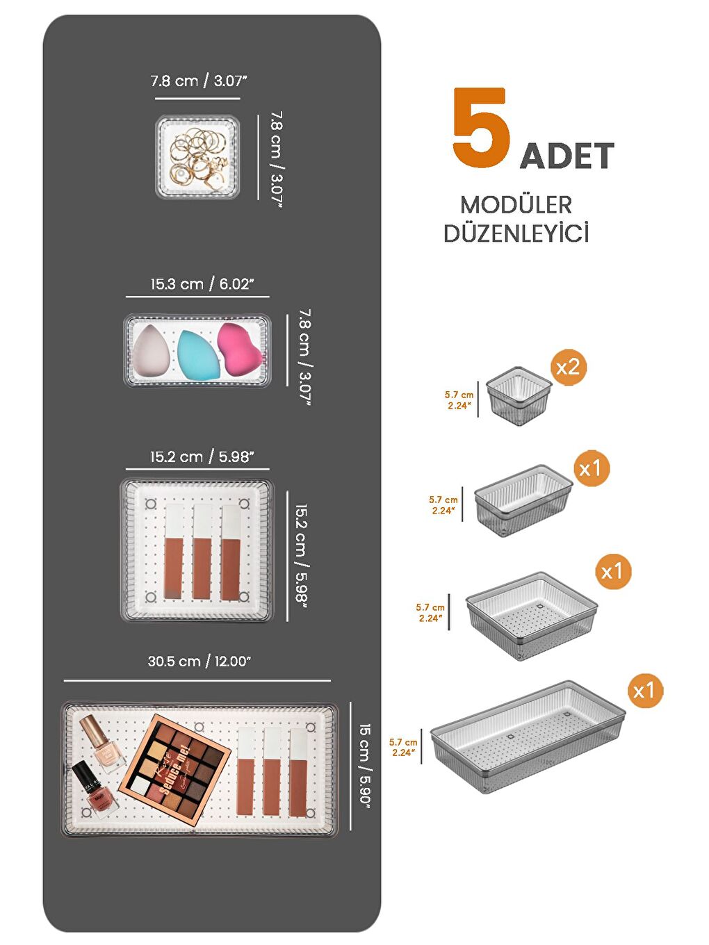 5'li Çekmece İçi Organizer Kozmetik Takı Makyaj Organizeri Dolap İçi Düzenleyici Antrasit-1