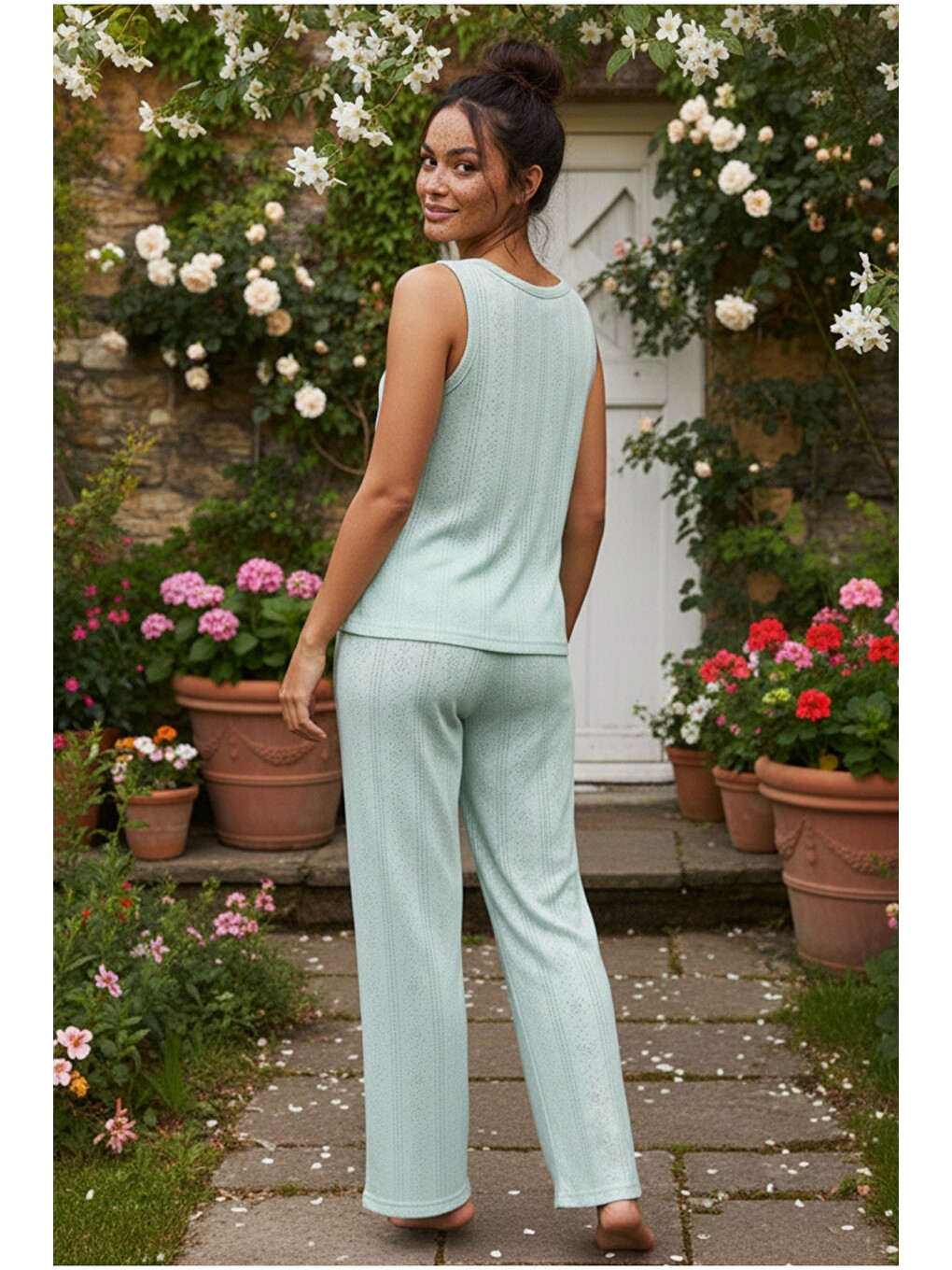 Yeşil Pointel Ajurlu/delikli Kolsuz Örme Pijama Takım26120566-2