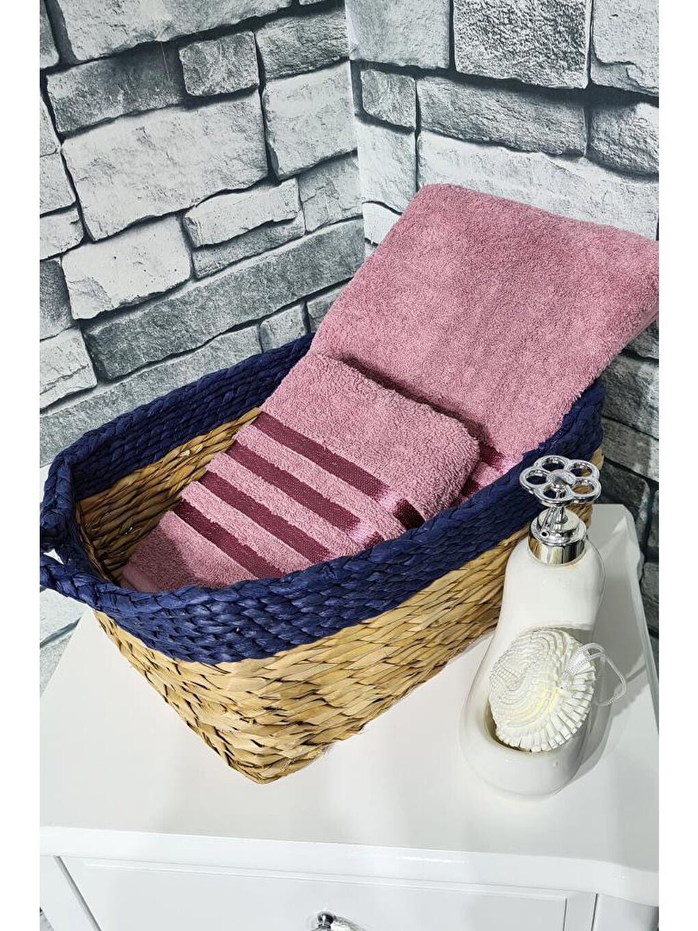 Pembe Plain %100 Pamuklu Jakarlı 2 Li Havlu Seti Gülkurusu-2