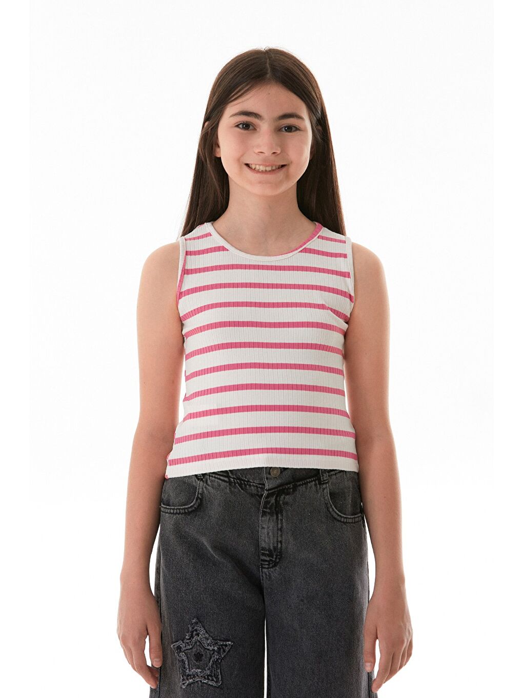 Pembe Çizgili Fitilli Halter Yaka Elastanlı Kız Çocuk Body