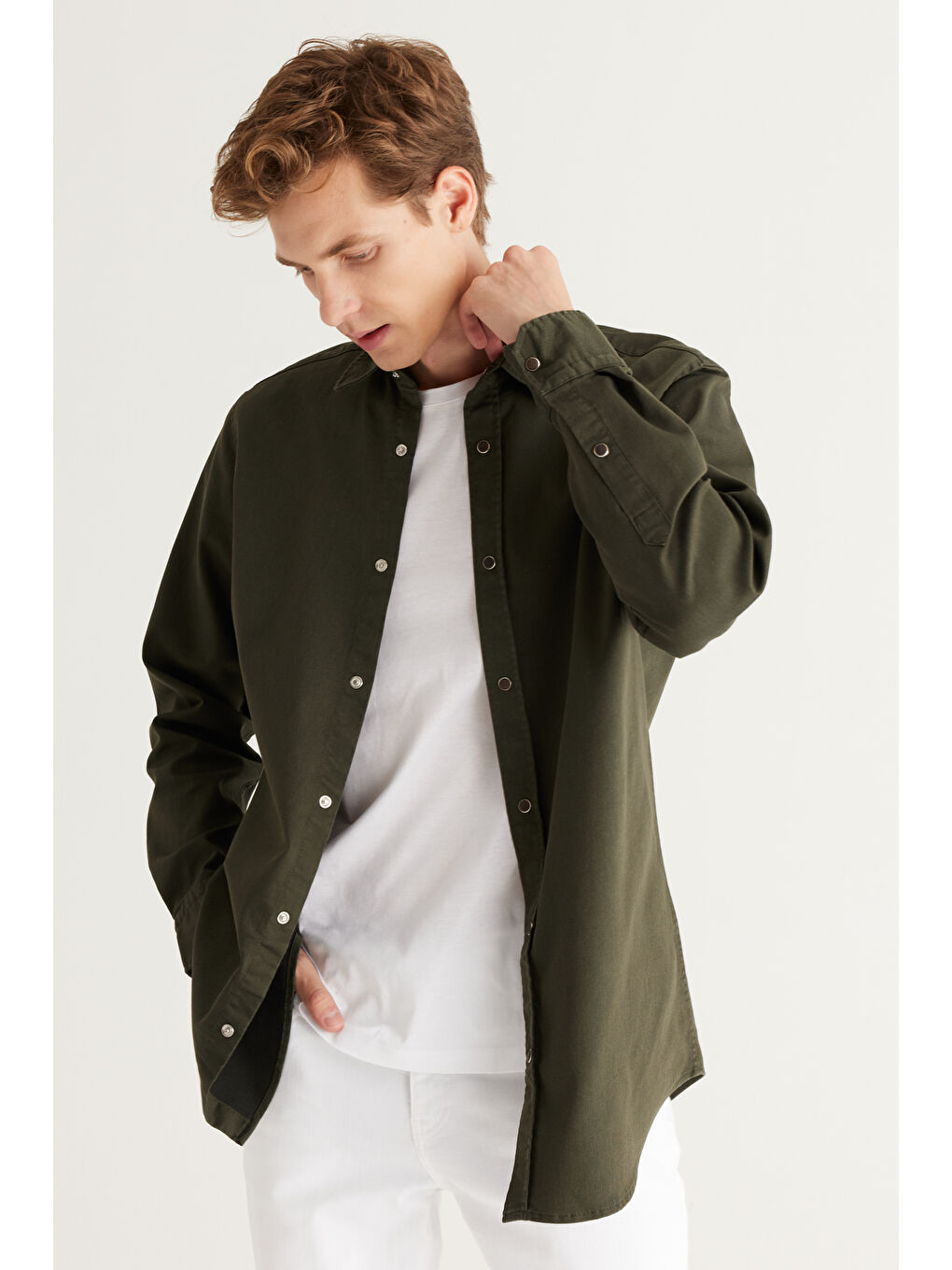 Erkek Haki Comfort Fit Rahat Kesim Pamuklu Diyagonal Desenli Gömlek-1