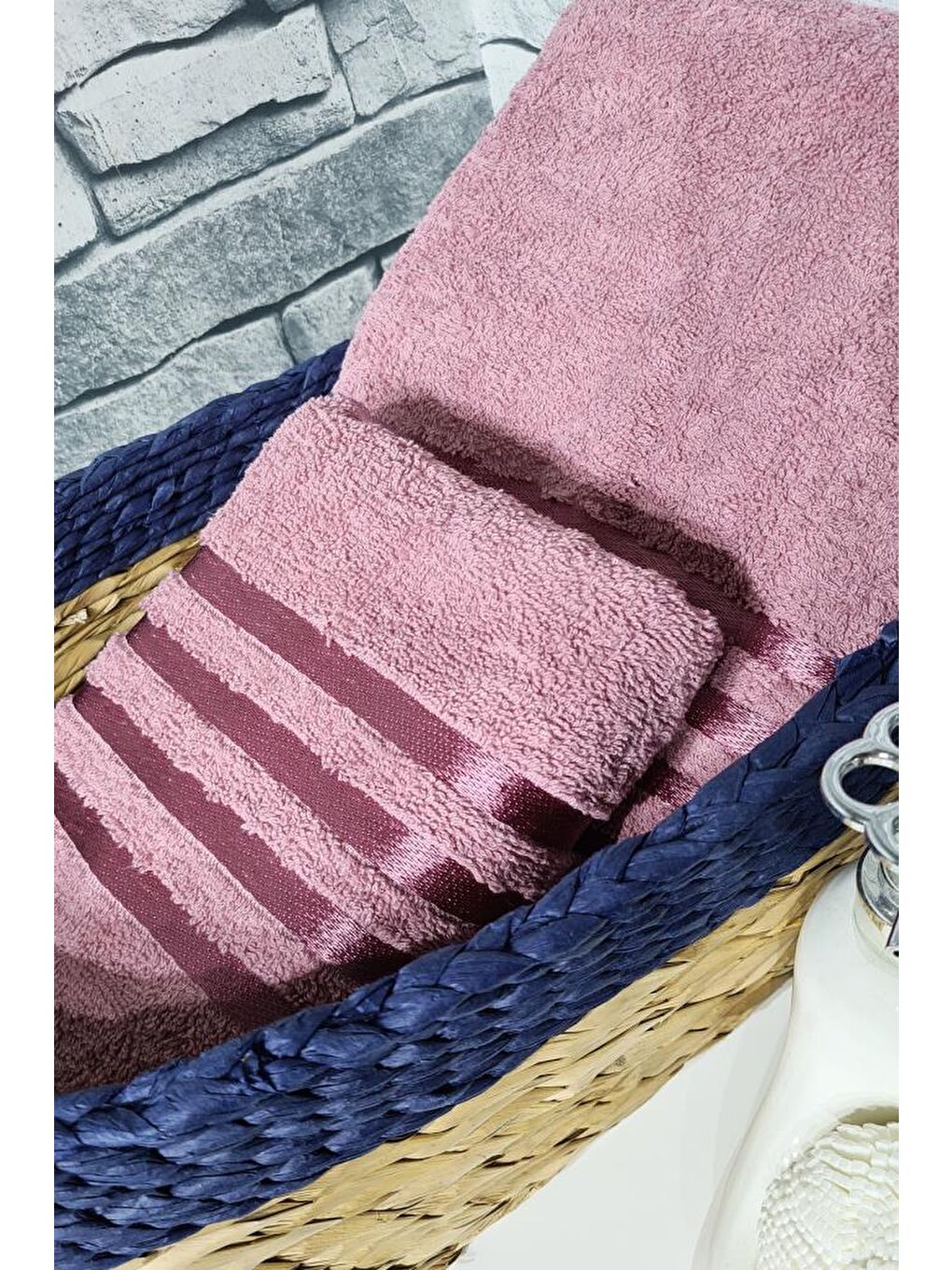 Pembe Plain %100 Pamuklu Jakarlı 2 Li Havlu Seti Gülkurusu-3