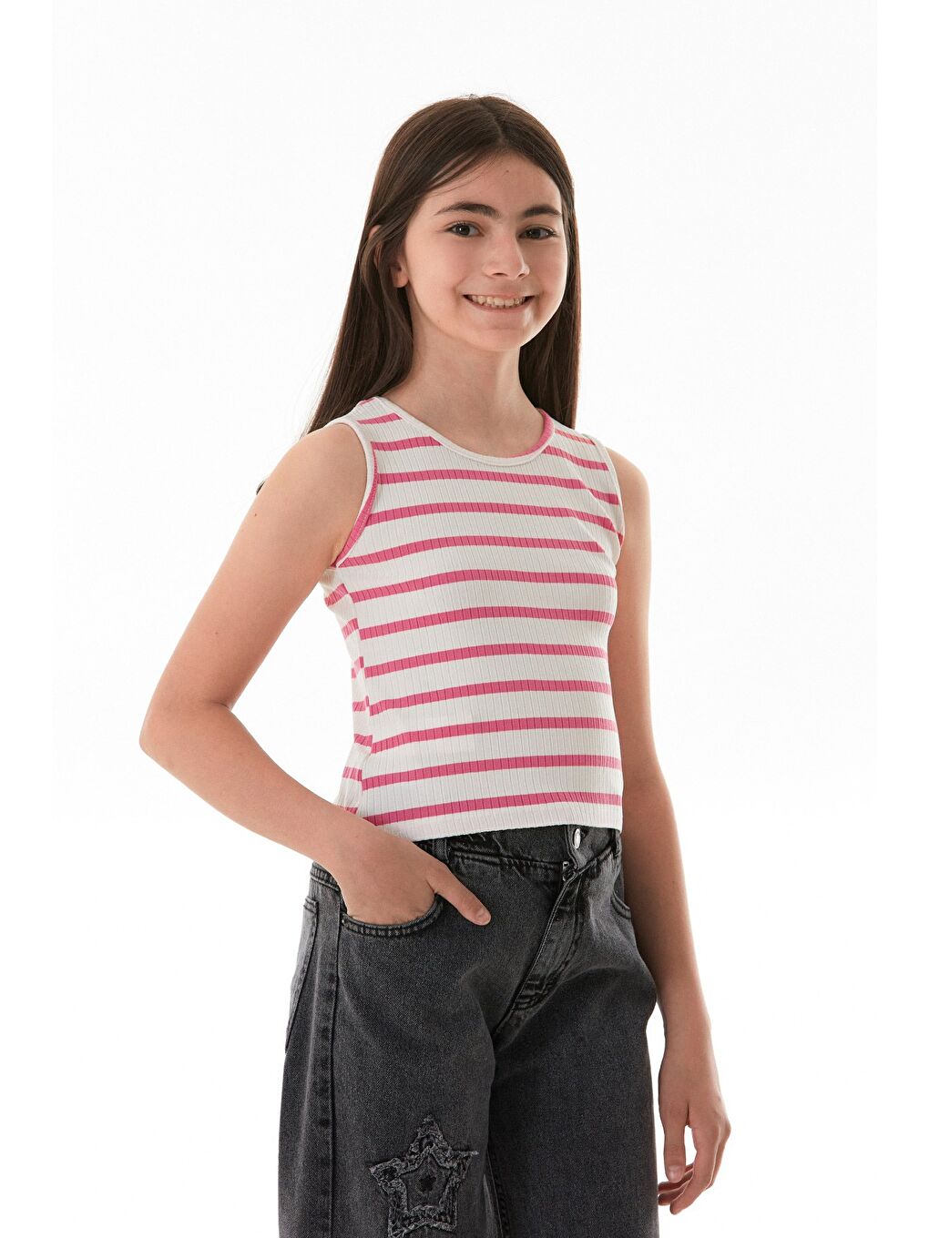 Pembe Çizgili Fitilli Halter Yaka Elastanlı Kız Çocuk Body-2