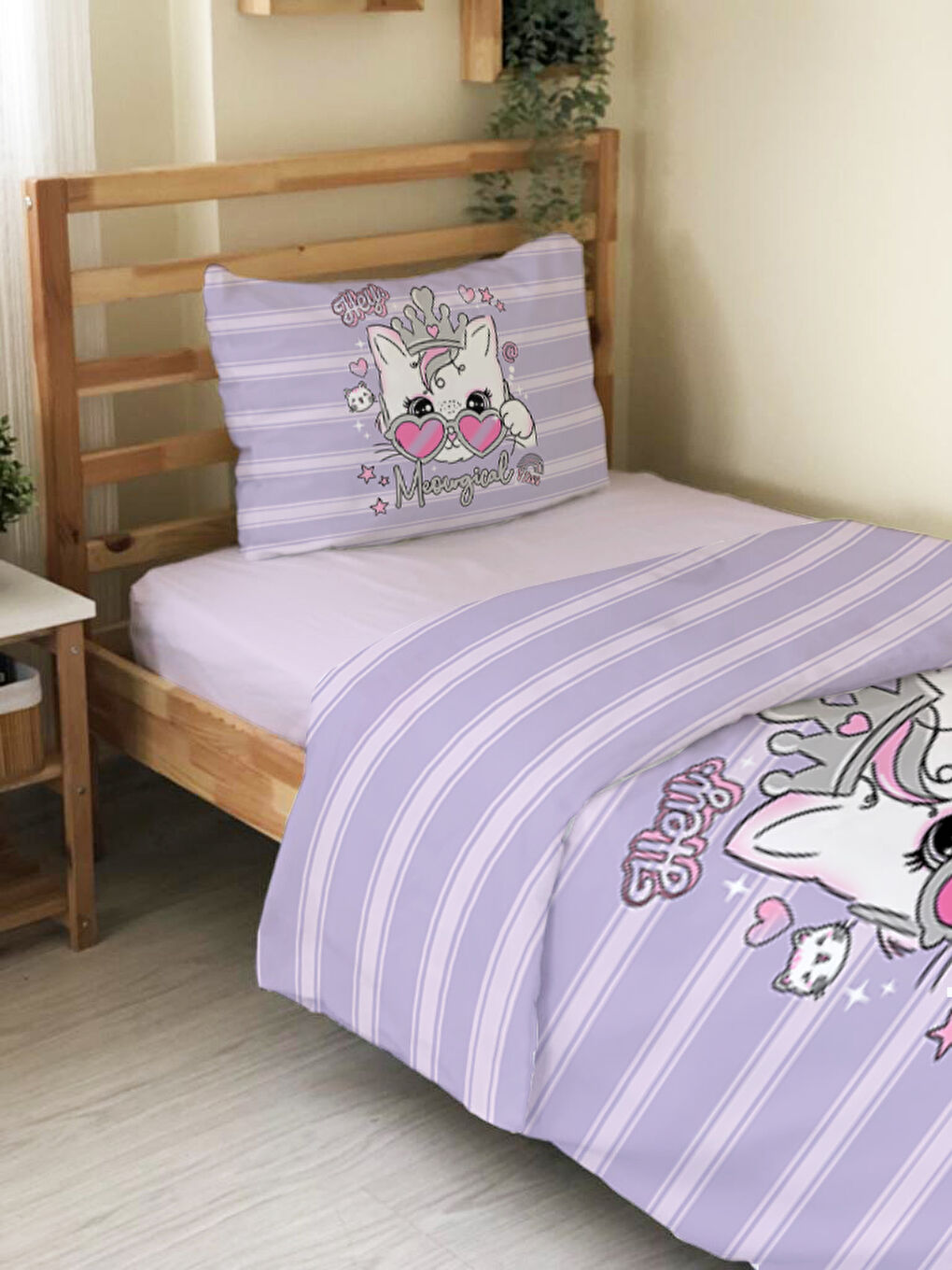 Karışık Kedi Desenli Çarşafsız 2'li Takım Baskılı Tek Kişilik Nevresim Takımı 160x220 cm-2