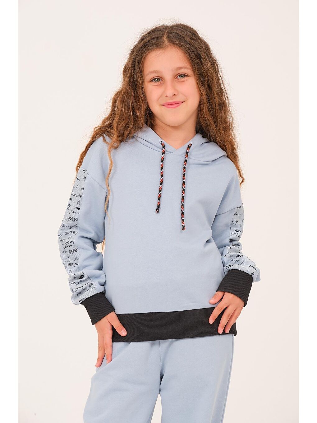 JAZZİEE Genç Kız Çocuk Yazı Baskılı Kapüşonlu Sweatshirt   Bebek Mavisi