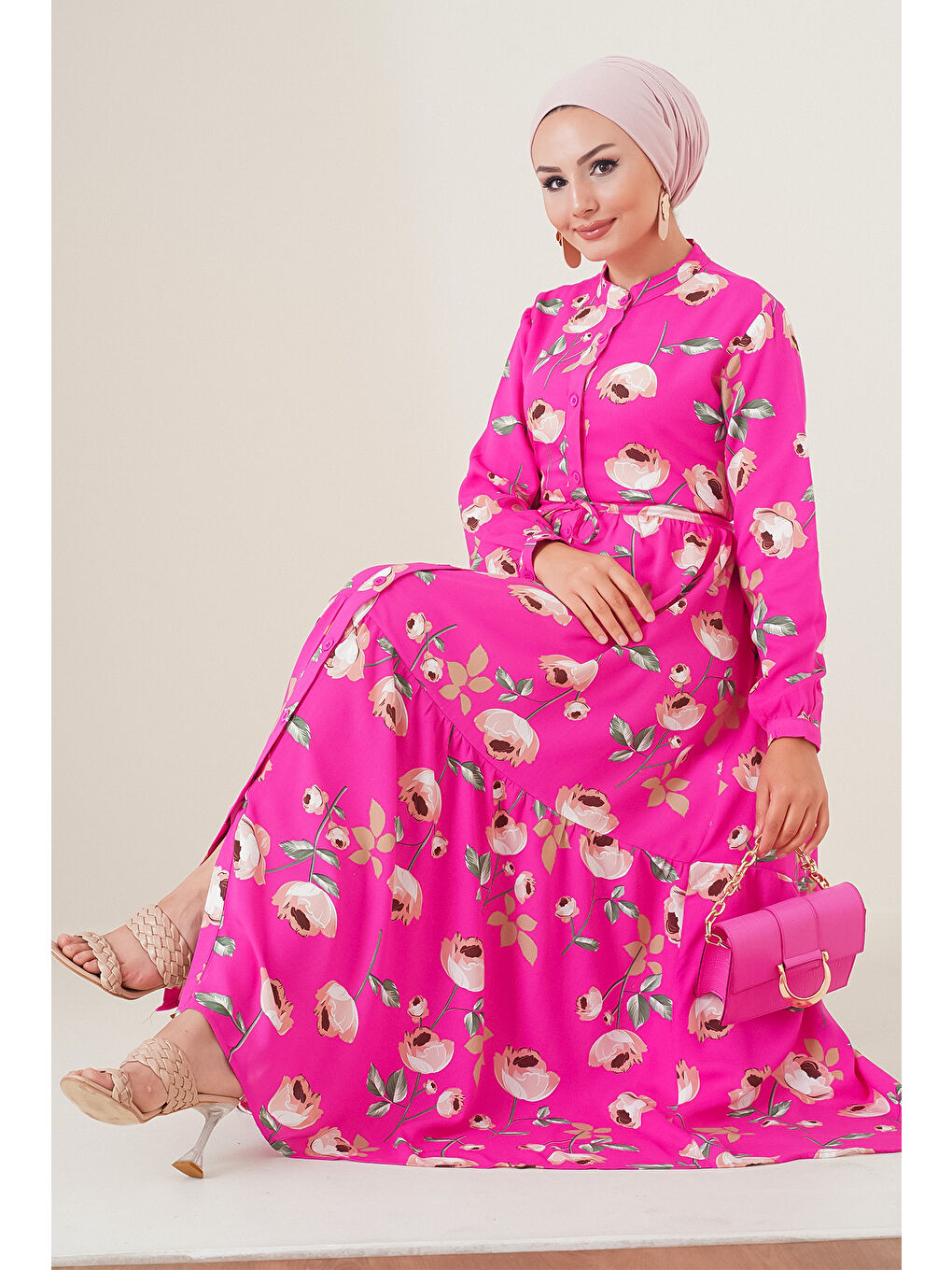 2144 Hakim Yaka Tesettür Elbise - A.Fuşya-1
