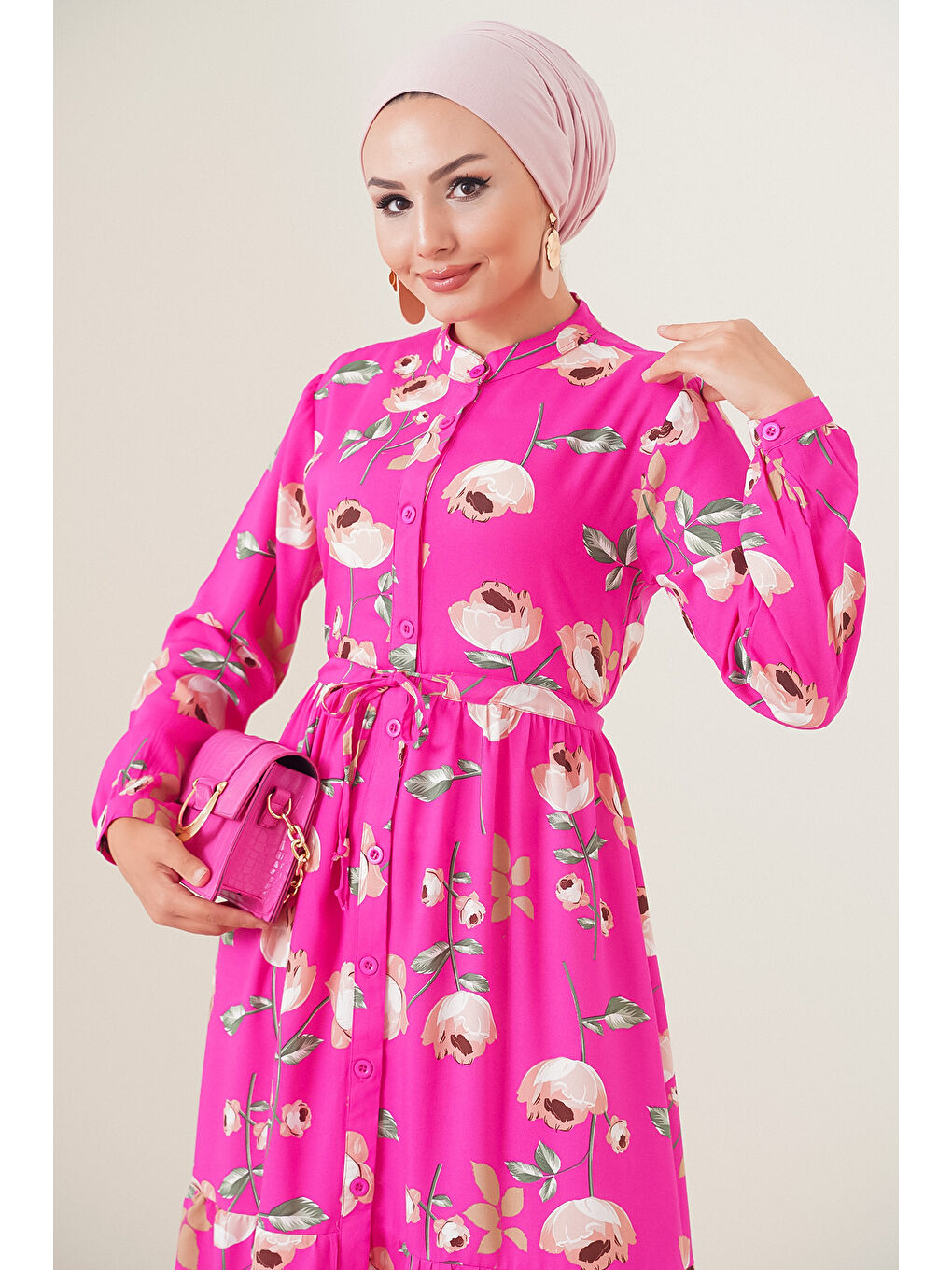 2144 Hakim Yaka Tesettür Elbise - A.Fuşya-2