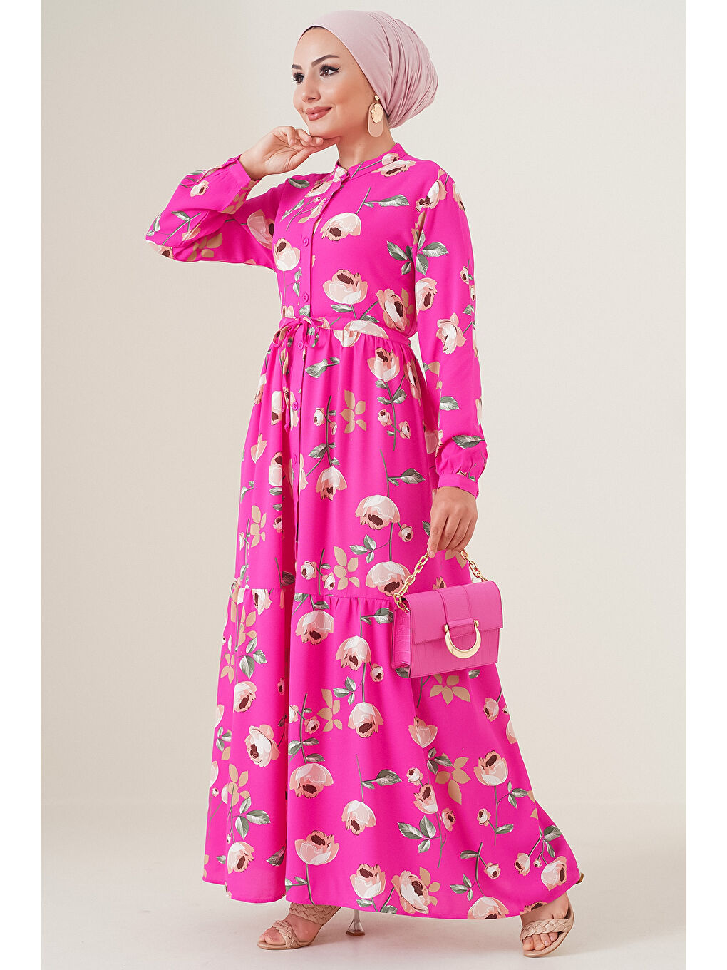 2144 Hakim Yaka Tesettür Elbise - A.Fuşya-3