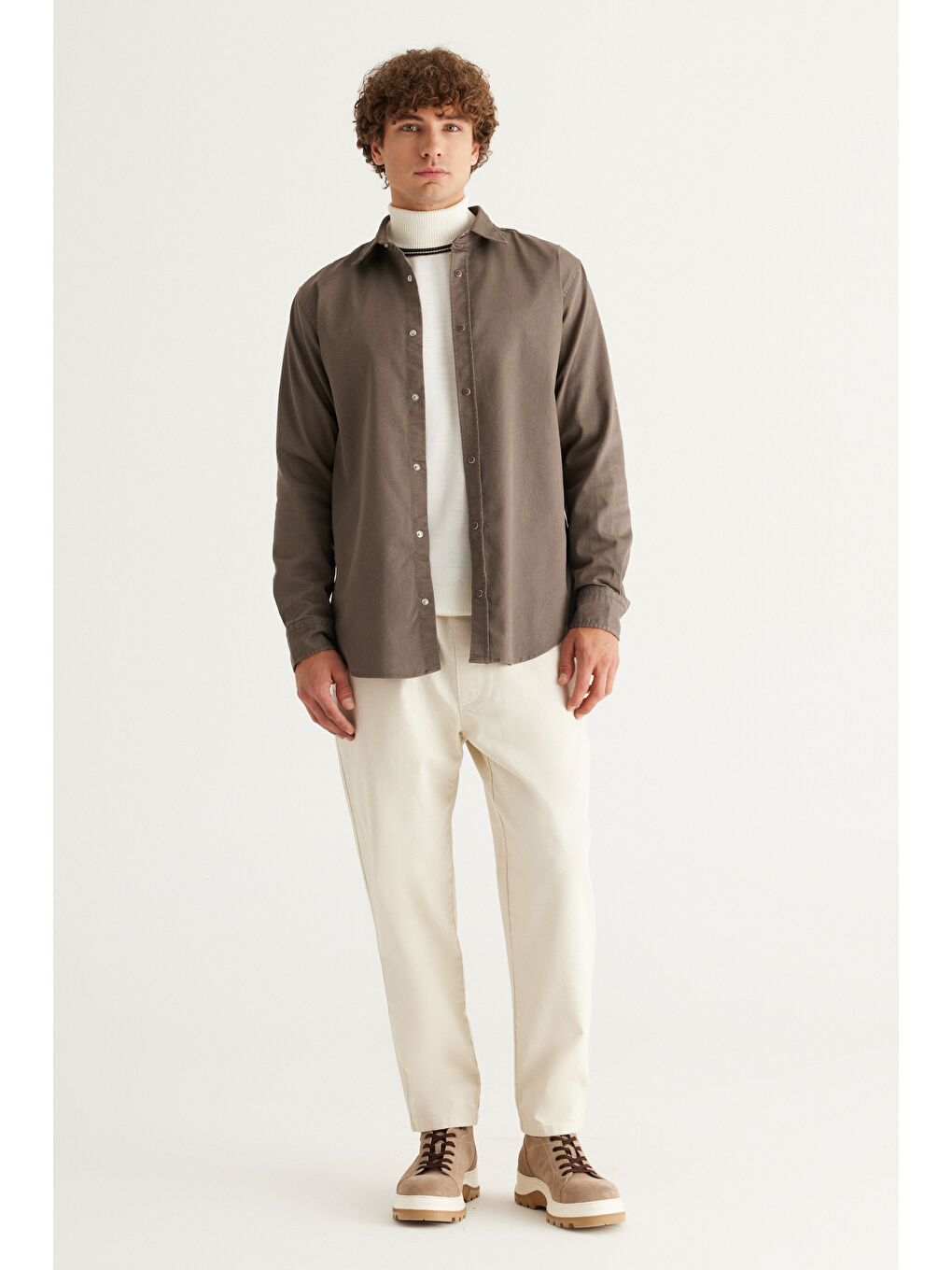 Erkek Kahverengi Comfort Fit Rahat Kesim Pamuklu Diyagonal Desenli Gömlek-4