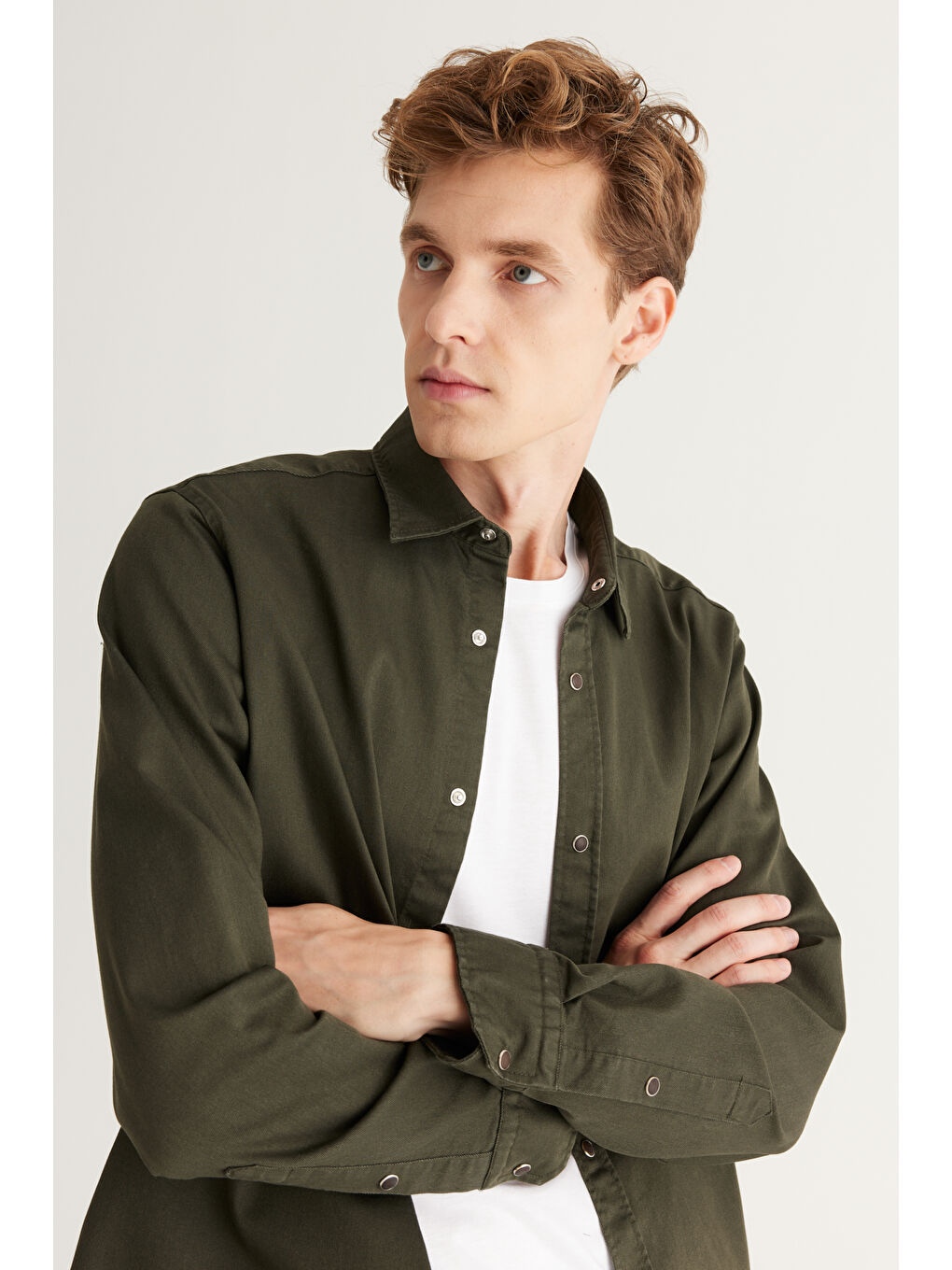 Erkek Haki Comfort Fit Rahat Kesim Pamuklu Diyagonal Desenli Gömlek-2