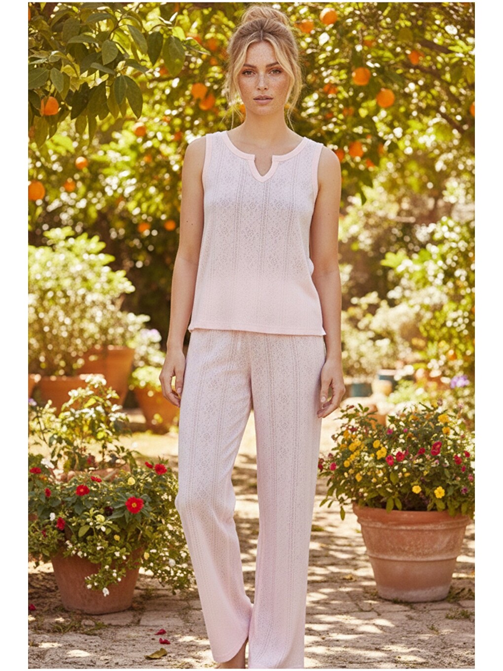 Pembe Pointel Ajurlu/delikli Kolsuz Örme Pijama Takım26120566-1