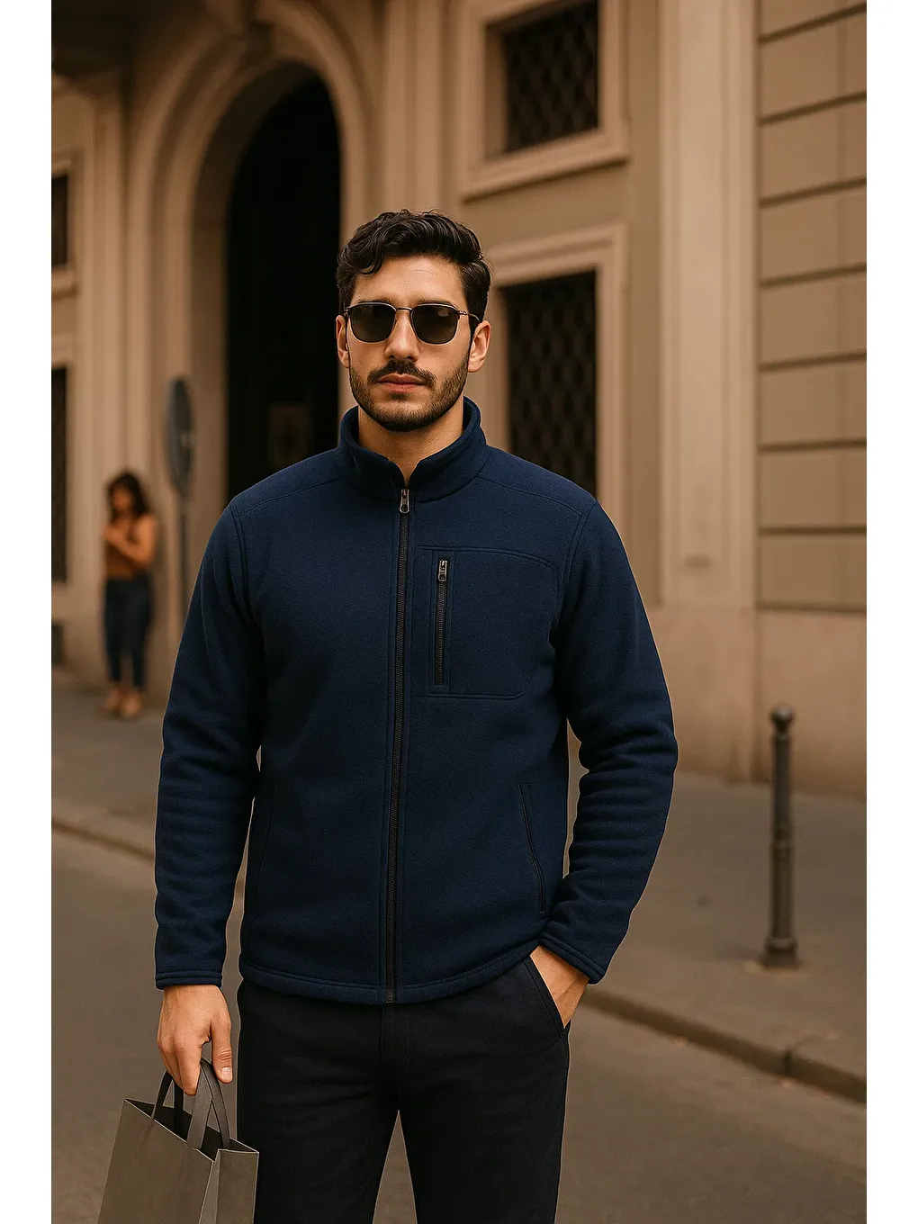 Erkek Kışlık Cepli Basic Fermuarlı Lacivert Polar Ceket