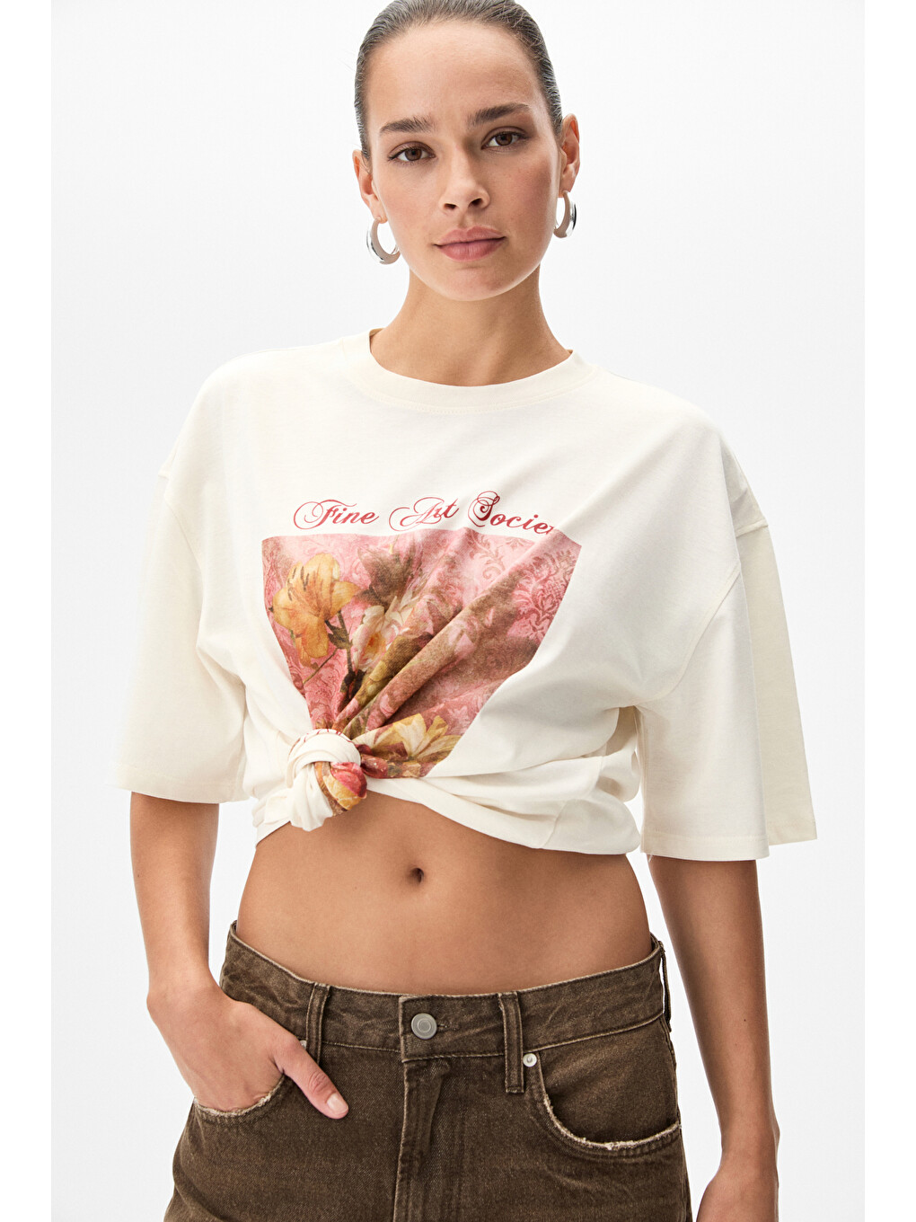 Olende Kadın Relaxed Fit Baskılı Yuvarlak Yakalı Ekru T-shirt-2
