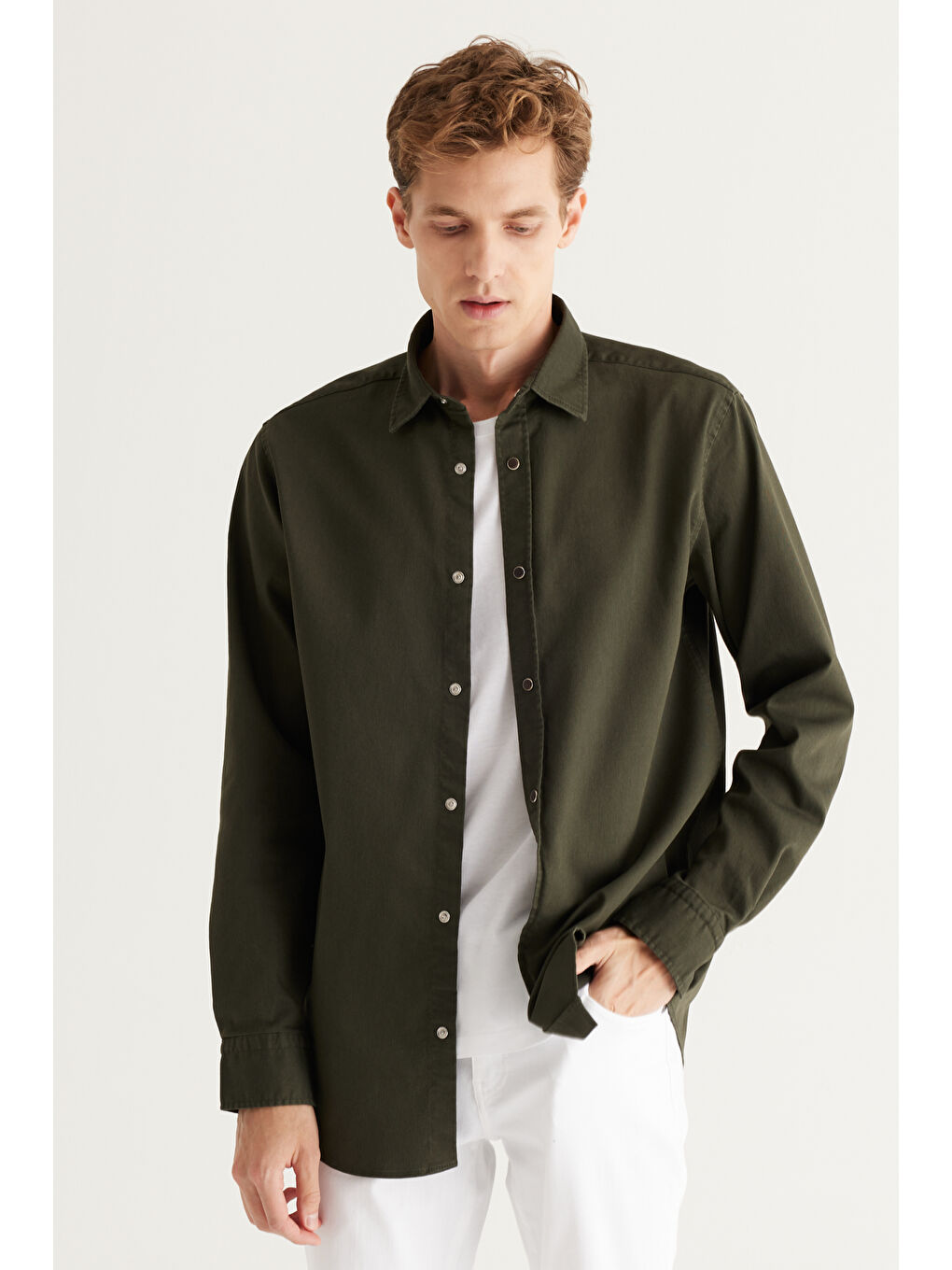 Erkek Haki Comfort Fit Rahat Kesim Pamuklu Diyagonal Desenli Gömlek-3